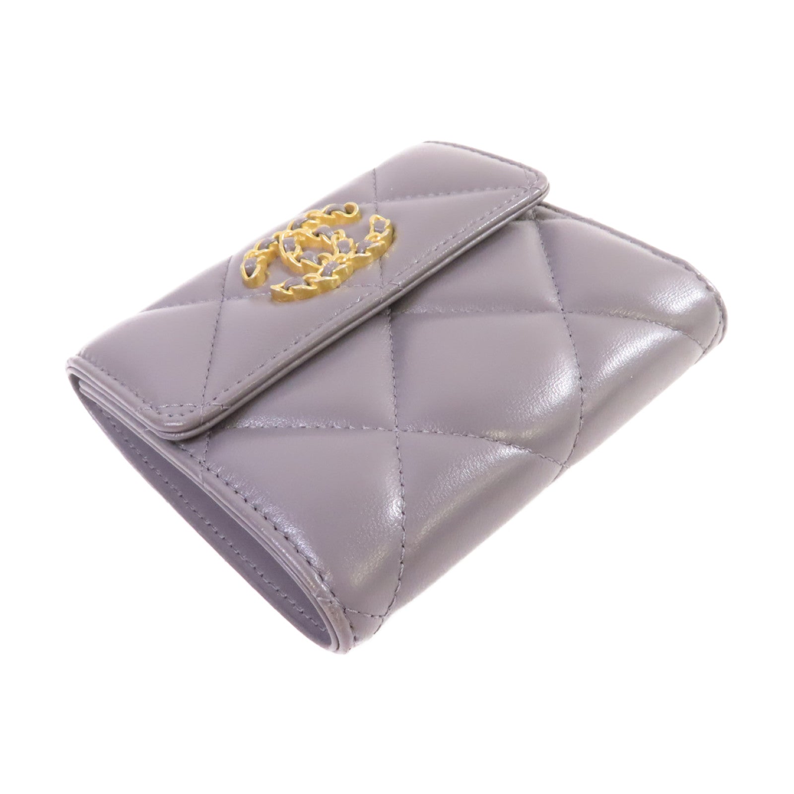 CHANEL 菱格羊皮皮革Chanel 19 Trifold Wallet金扣短錢包灰色