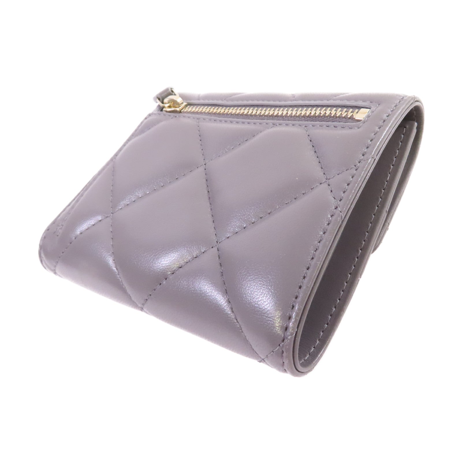 CHANEL 菱格羊皮皮革Chanel 19 Trifold Wallet金扣短錢包灰色