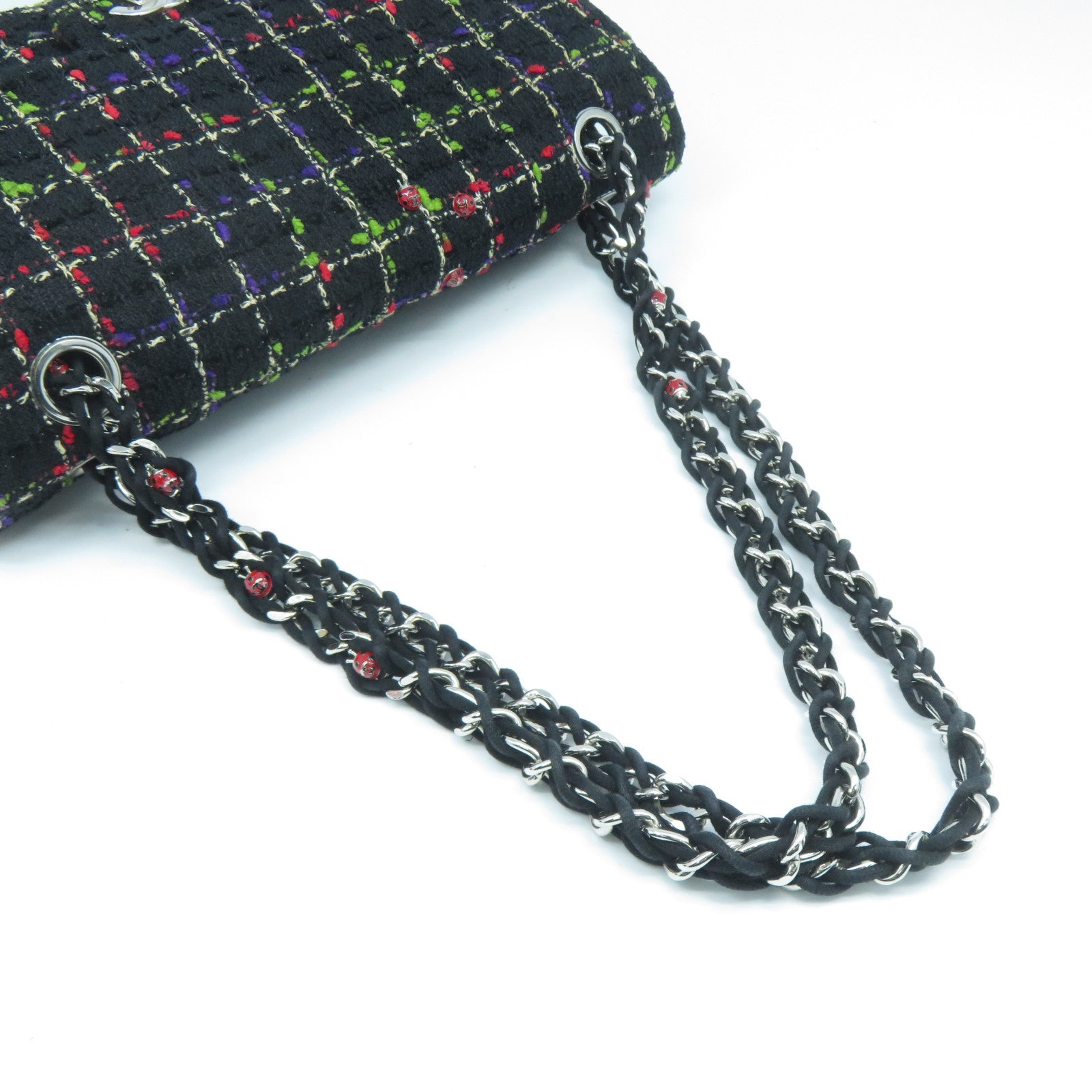 CHANEL 【激減優惠】斜紋軟呢Chain Shoulder Bag銀扣鏈帶肩背袋黑色/紅色
