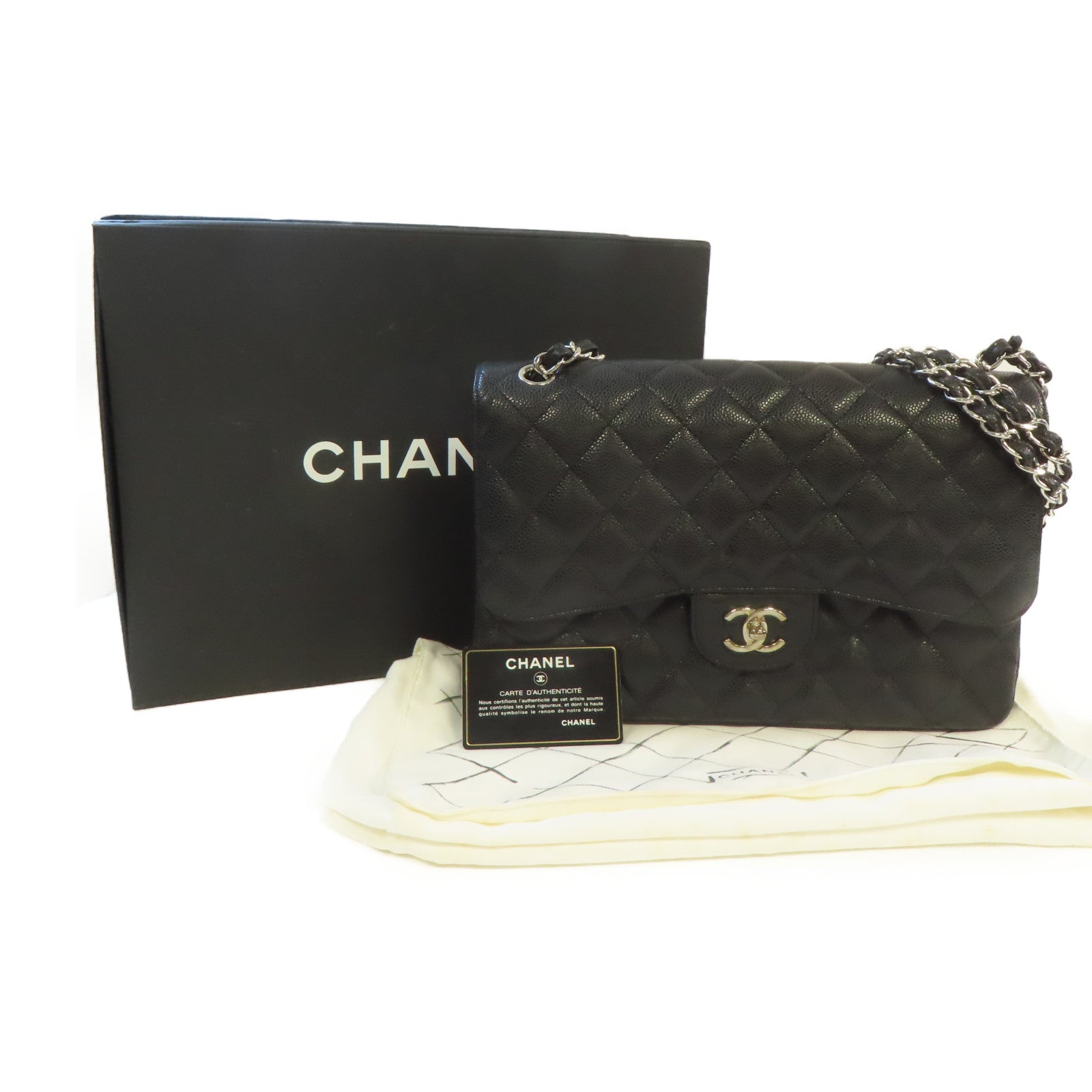 CHANEL **【激減優惠】菱格Caviar皮革Jumbo Chain Shoulder Bag銀扣鏈帶肩背袋黑色