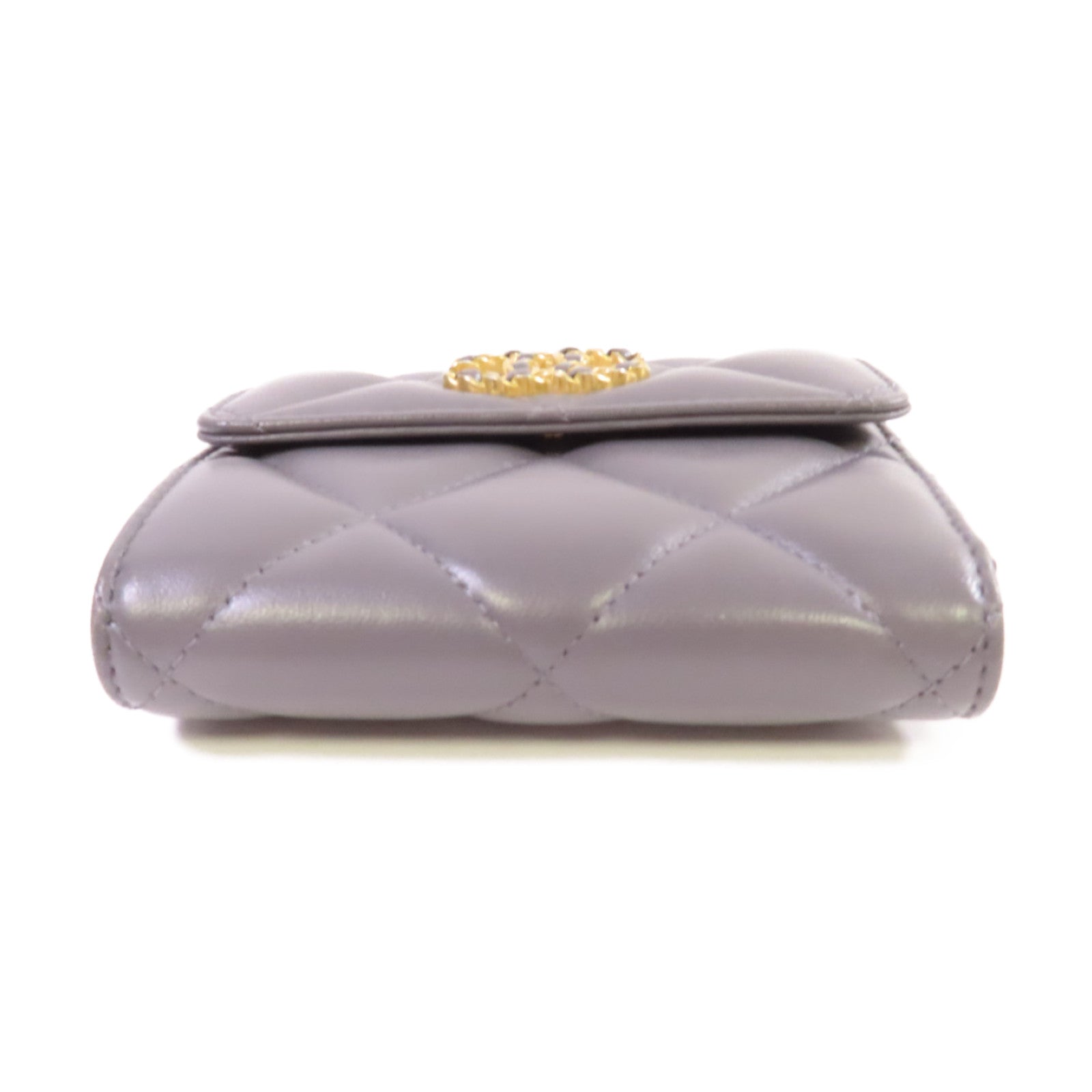 CHANEL 菱格羊皮皮革Chanel 19 Trifold Wallet金扣短錢包灰色