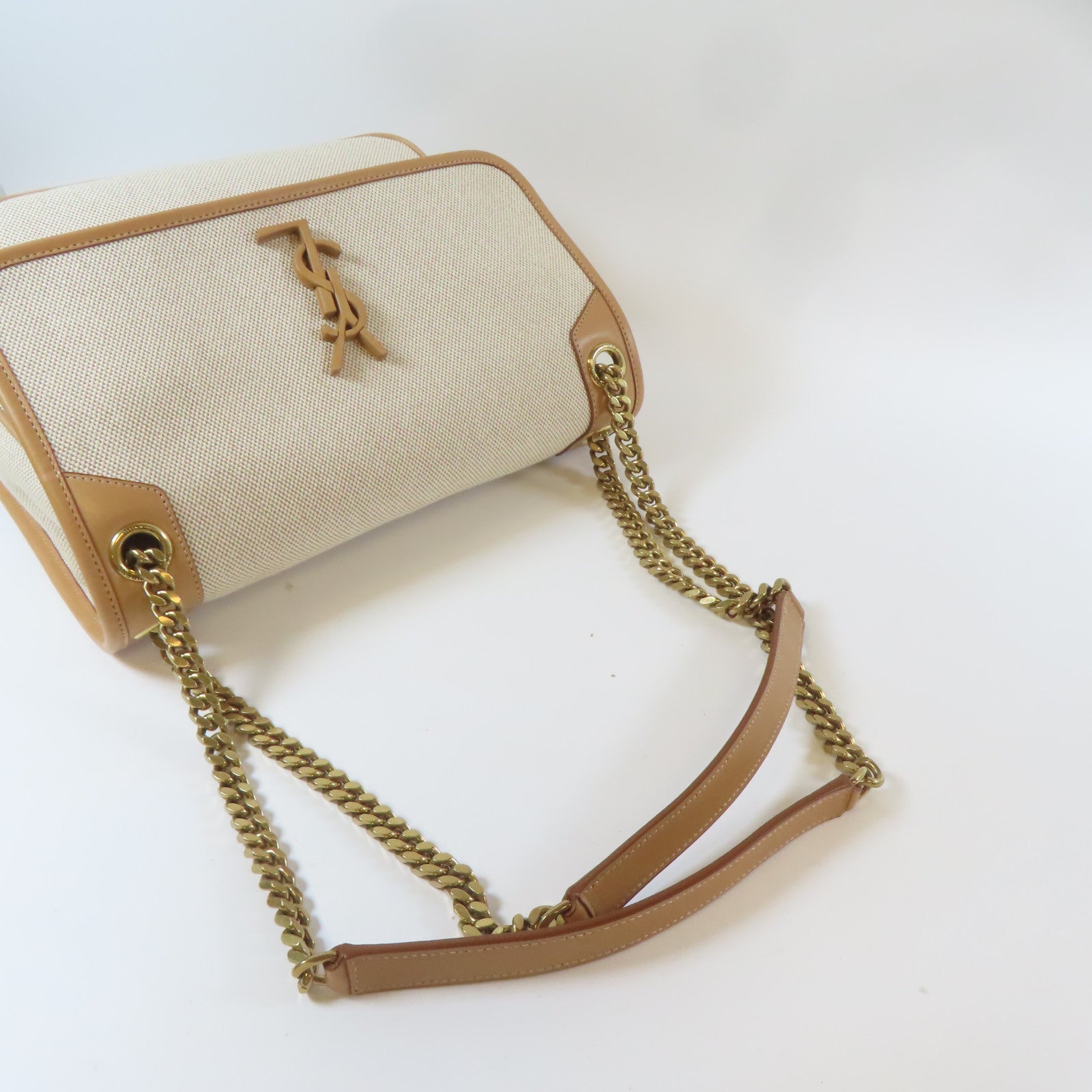 SAINT LAURENT 帆布Niki Chain Shoulder金扣鏈帶肩背袋米色/啡色