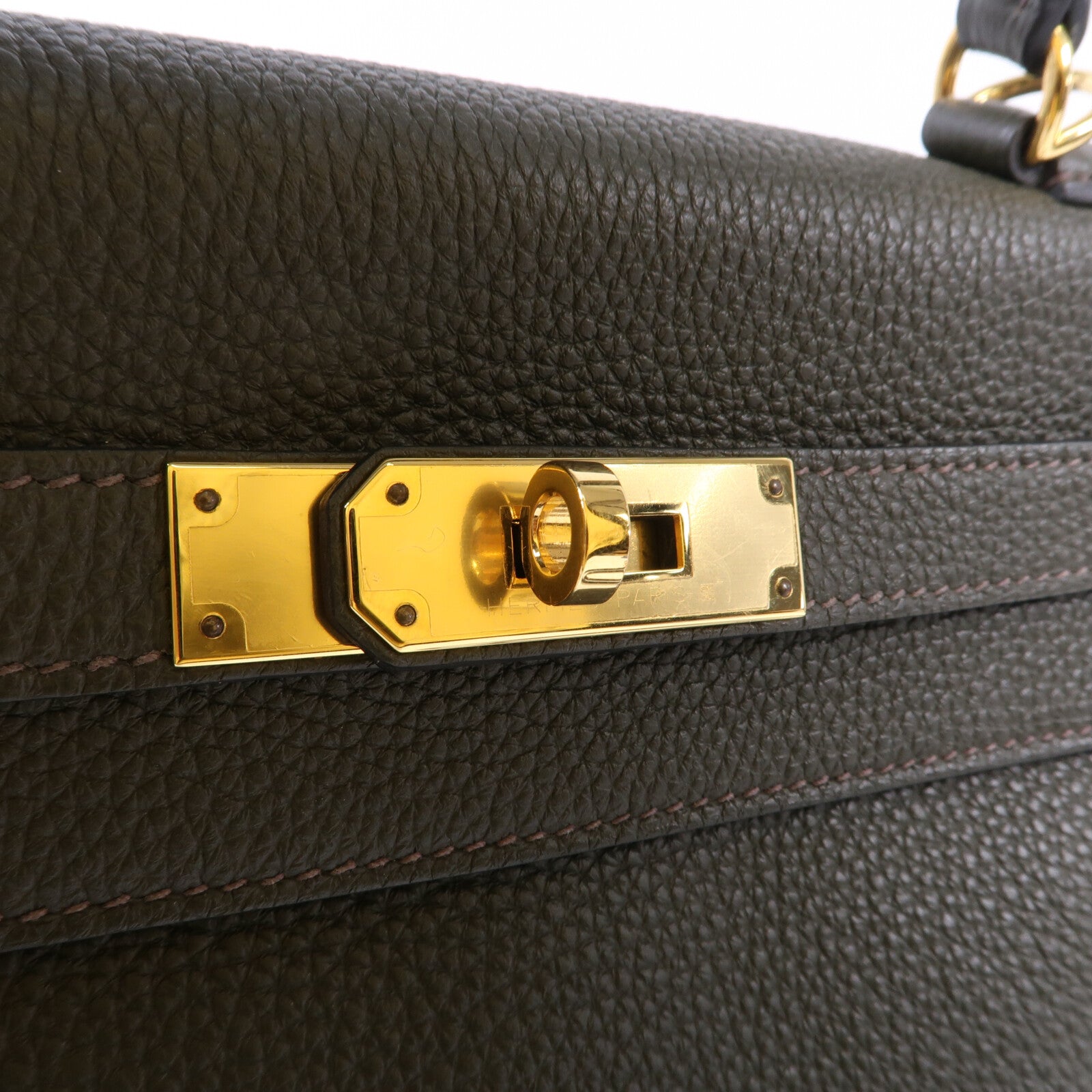 HERMES Togo皮革Kelly 28金扣手挽肩背兩用袋C6 Vert de Gris