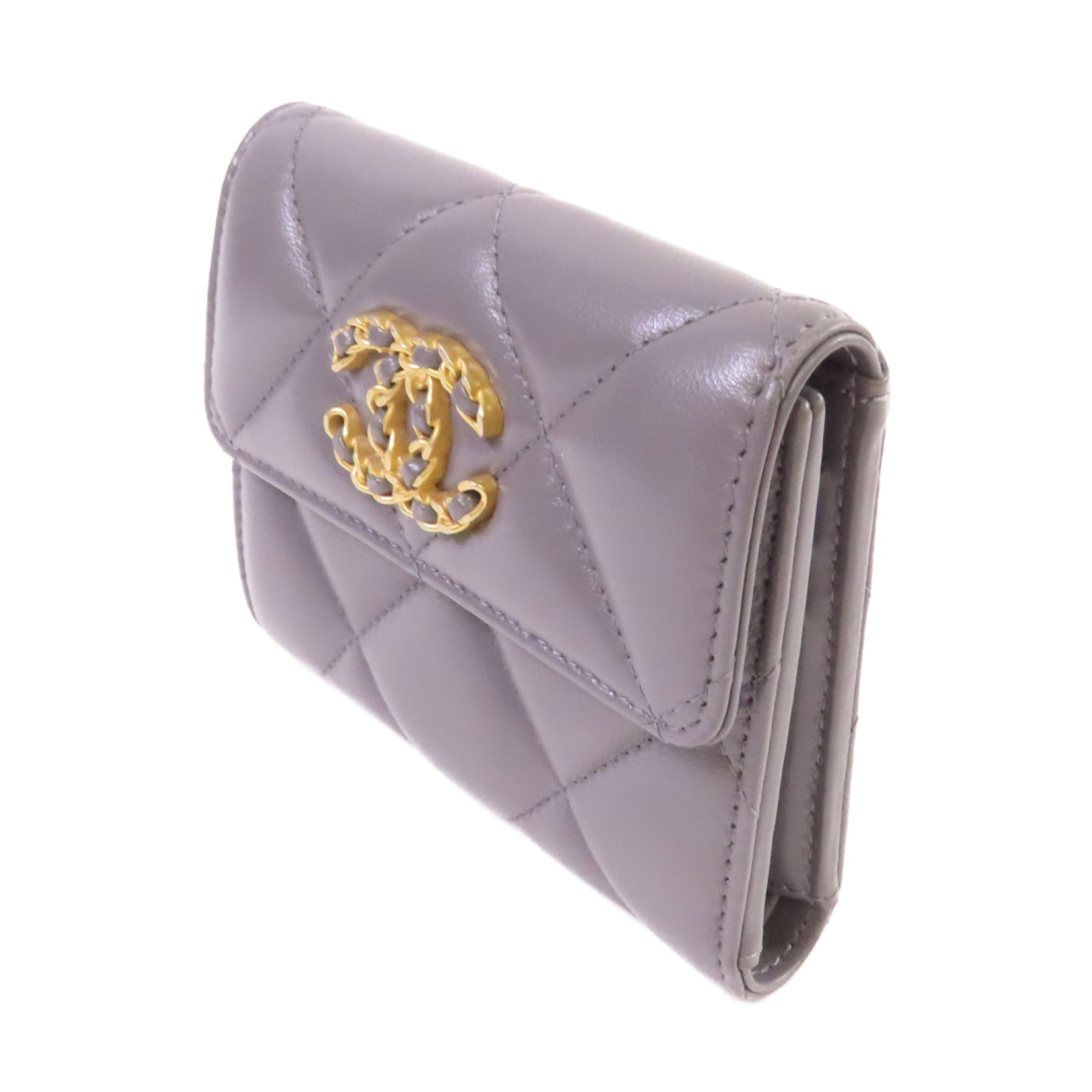CHANEL 菱格羊皮皮革Chanel 19 Trifold Wallet金扣短錢包灰色
