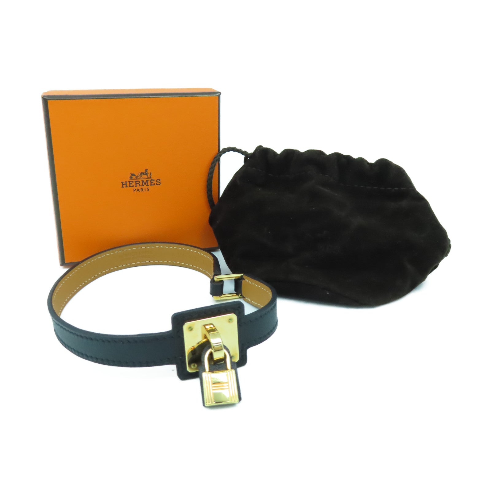 HERMES Swift皮革O'Kelly金扣手鐲黑色