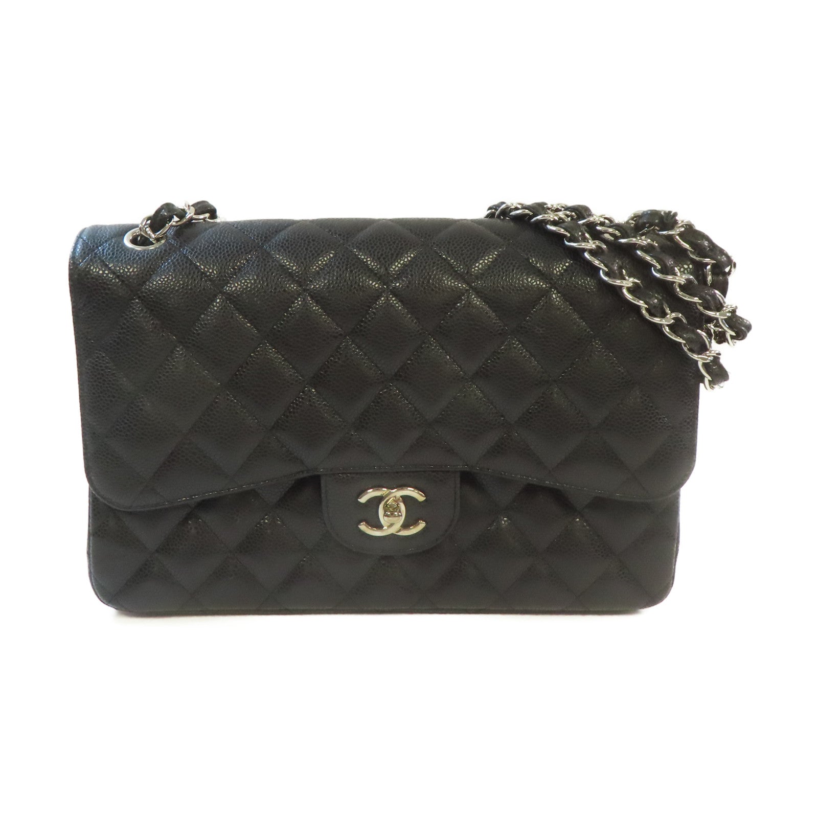 CHANEL **【激減優惠】菱格Caviar皮革Jumbo Chain Shoulder Bag銀扣鏈帶肩背袋黑色