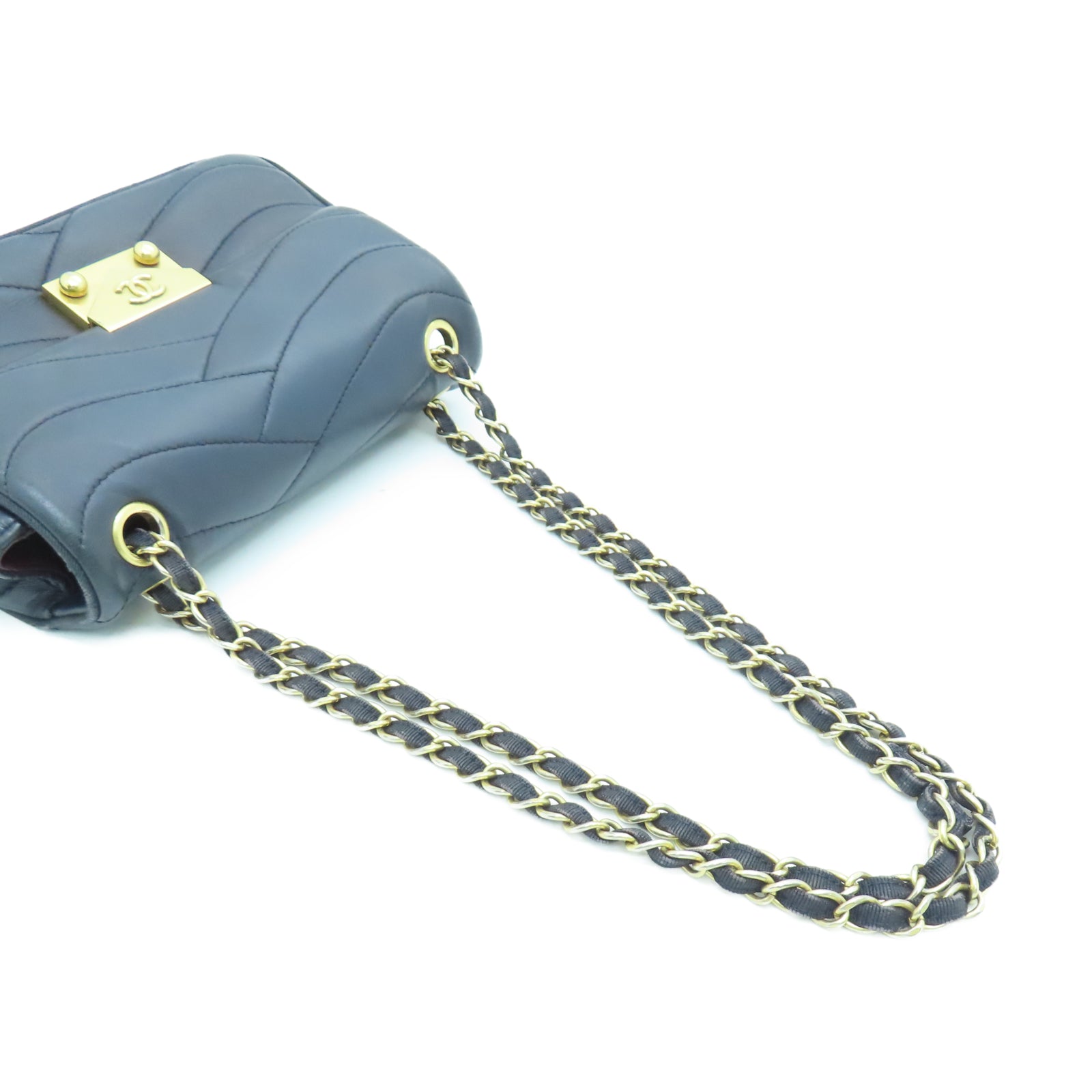 CHANEL 【清倉大減價】羊皮皮革Chain Shoulder金扣鏈帶肩背袋深藍色