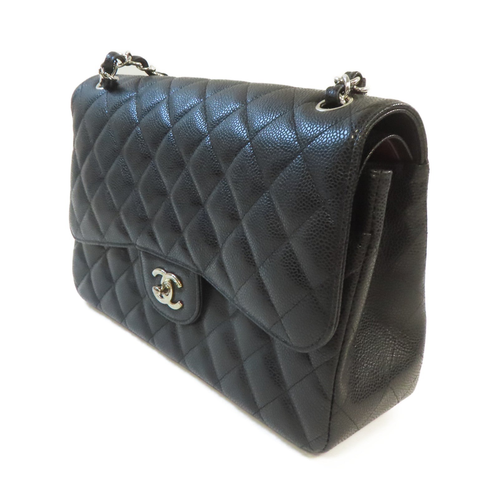 CHANEL **【激減優惠】菱格Caviar皮革Jumbo Chain Shoulder Bag銀扣鏈帶肩背袋黑色