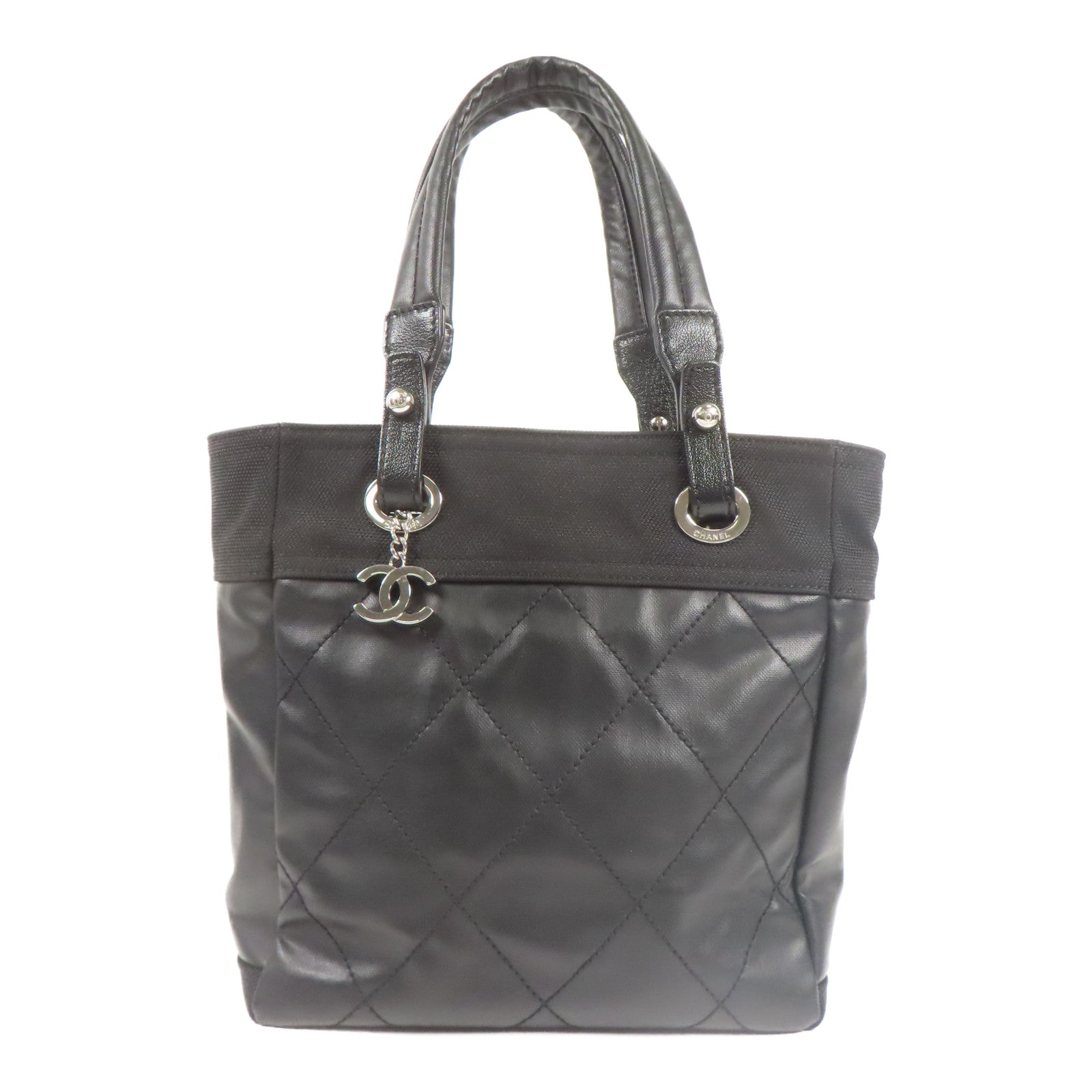 CHANEL 牛皮皮革/帆布Shoulder Bag銀扣肩背袋