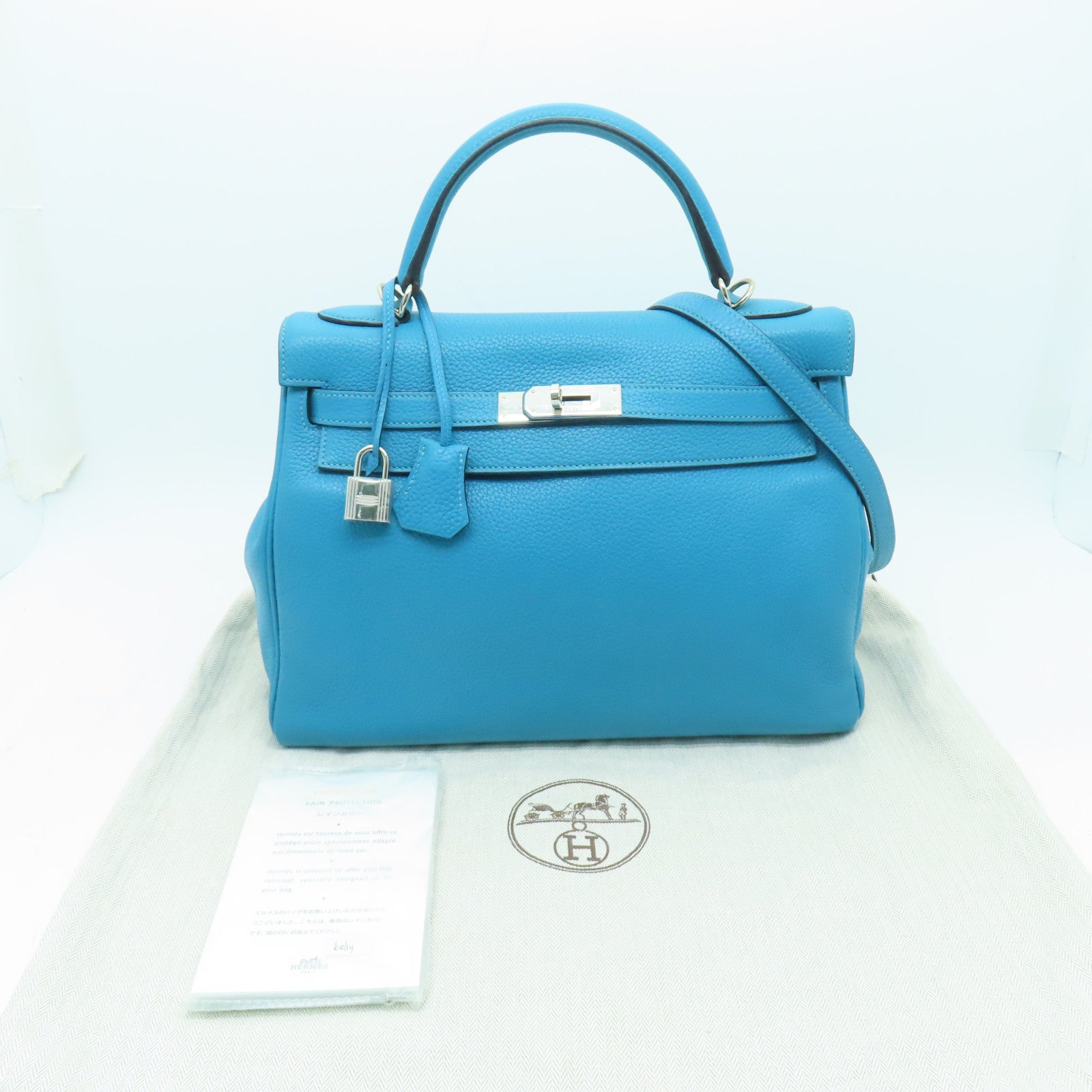 HERMES **【清倉大減價】Clemence皮革Kelly 32銀扣手挽肩背兩用袋綠松石色