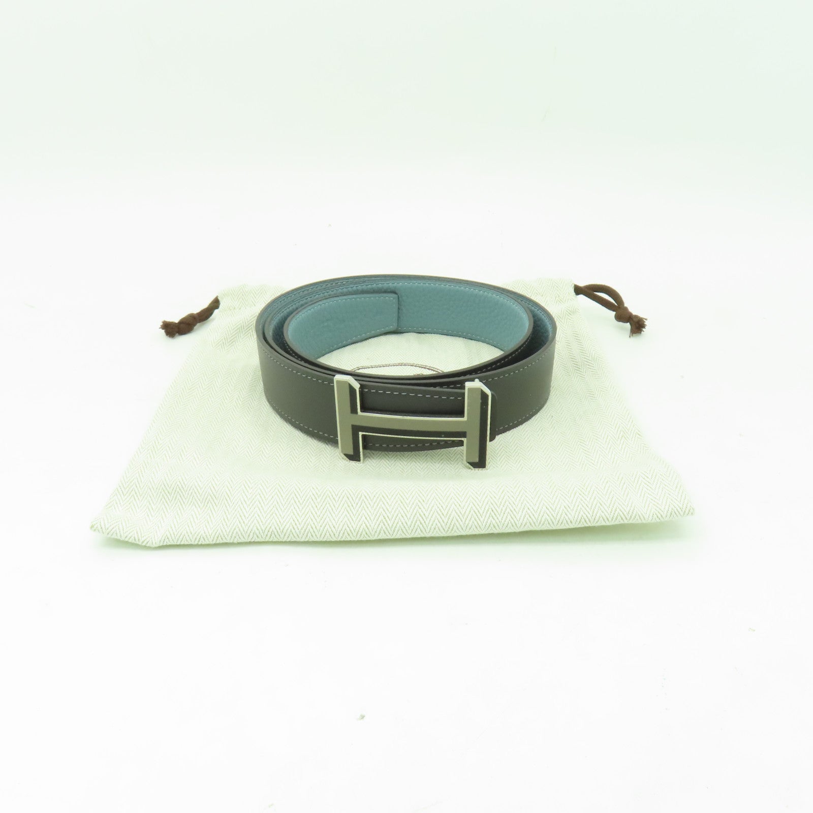 HERMES **【激減優惠】皮革Belt 85cm銀扣皮帶灰色/淺藍色