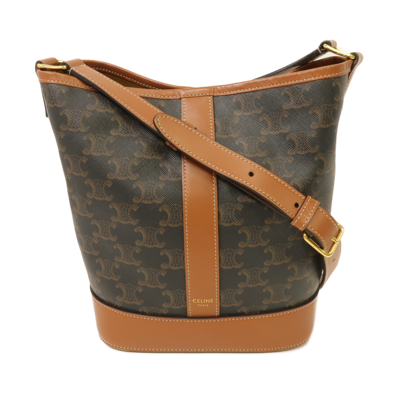 CELINE 塗層帆布Small Bucket In Triomphe金扣肩背袋棕色