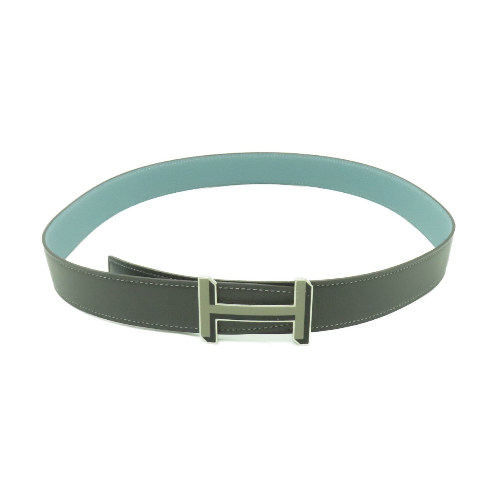 HERMES **【激減優惠】皮革Belt 85cm銀扣皮帶灰色/淺藍色