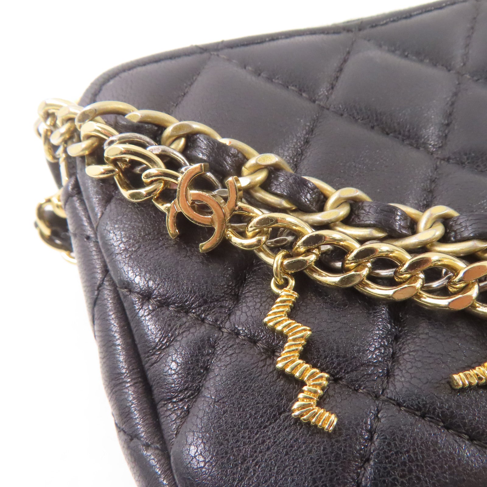 CHANEL 羊皮皮革Chain Shoulder Bag金扣鏈帶肩背袋黑色