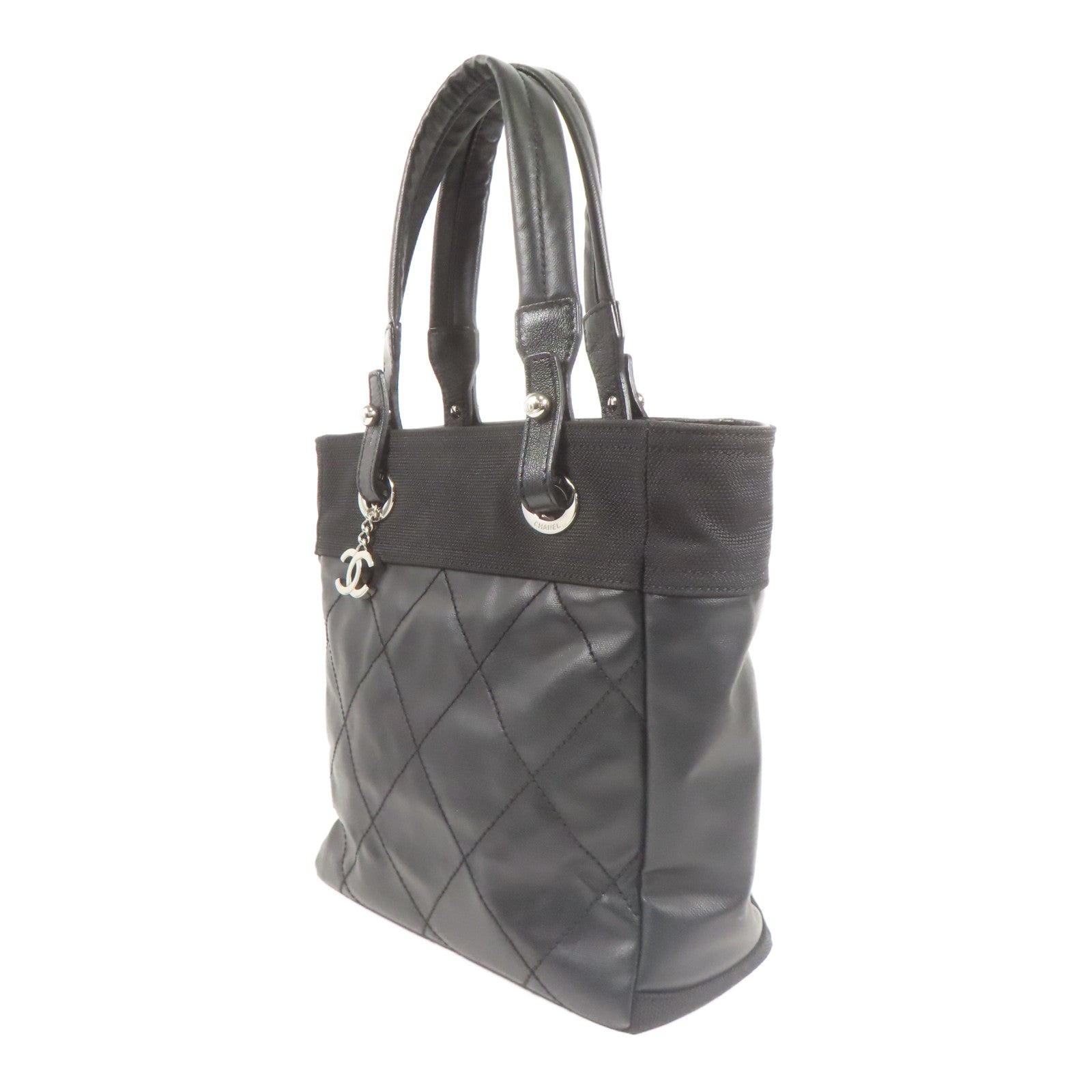 CHANEL 牛皮皮革/帆布Shoulder Bag銀扣肩背袋