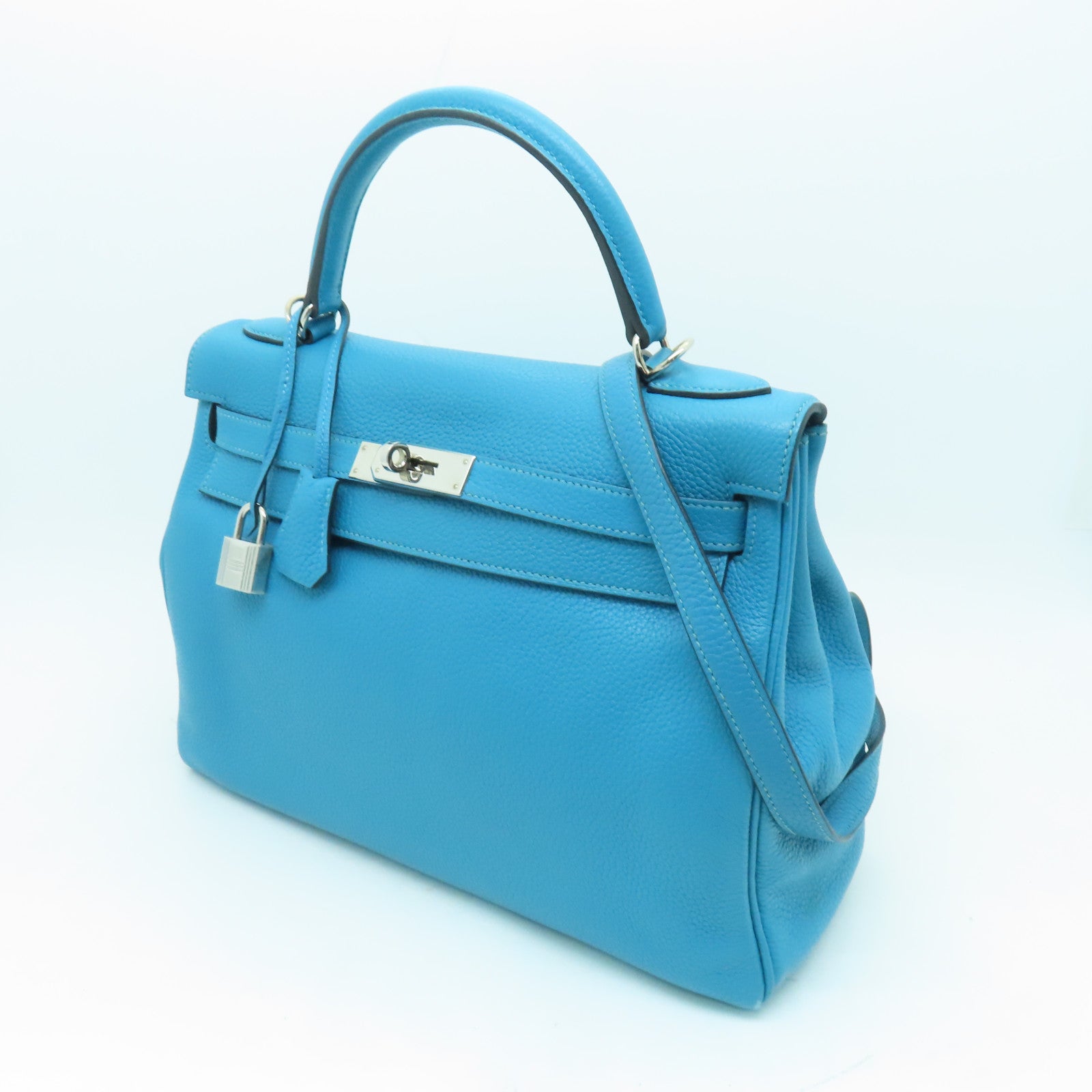 HERMES **【清倉大減價】Clemence皮革Kelly 32銀扣手挽肩背兩用袋綠松石色