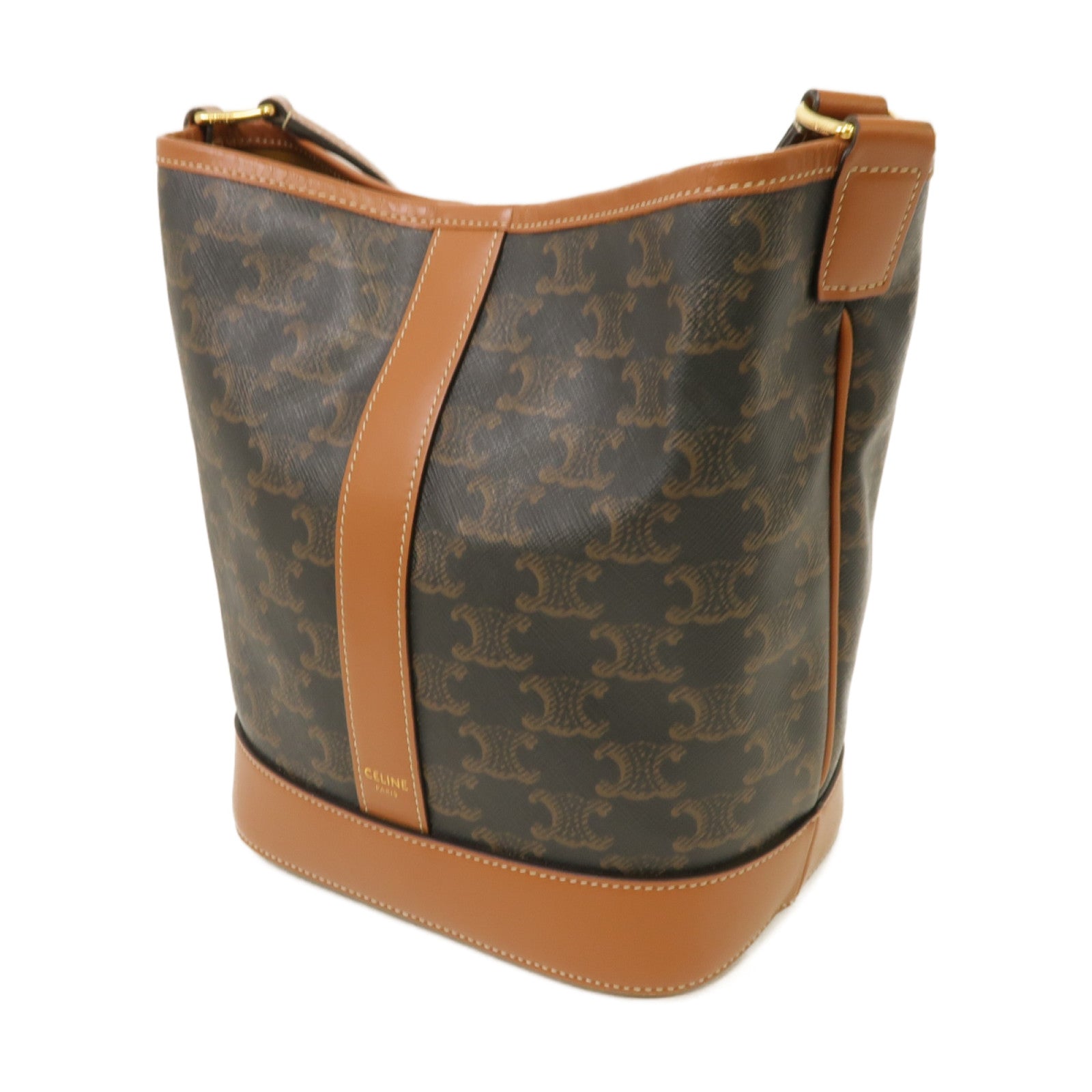 CELINE 塗層帆布Small Bucket In Triomphe金扣肩背袋棕色