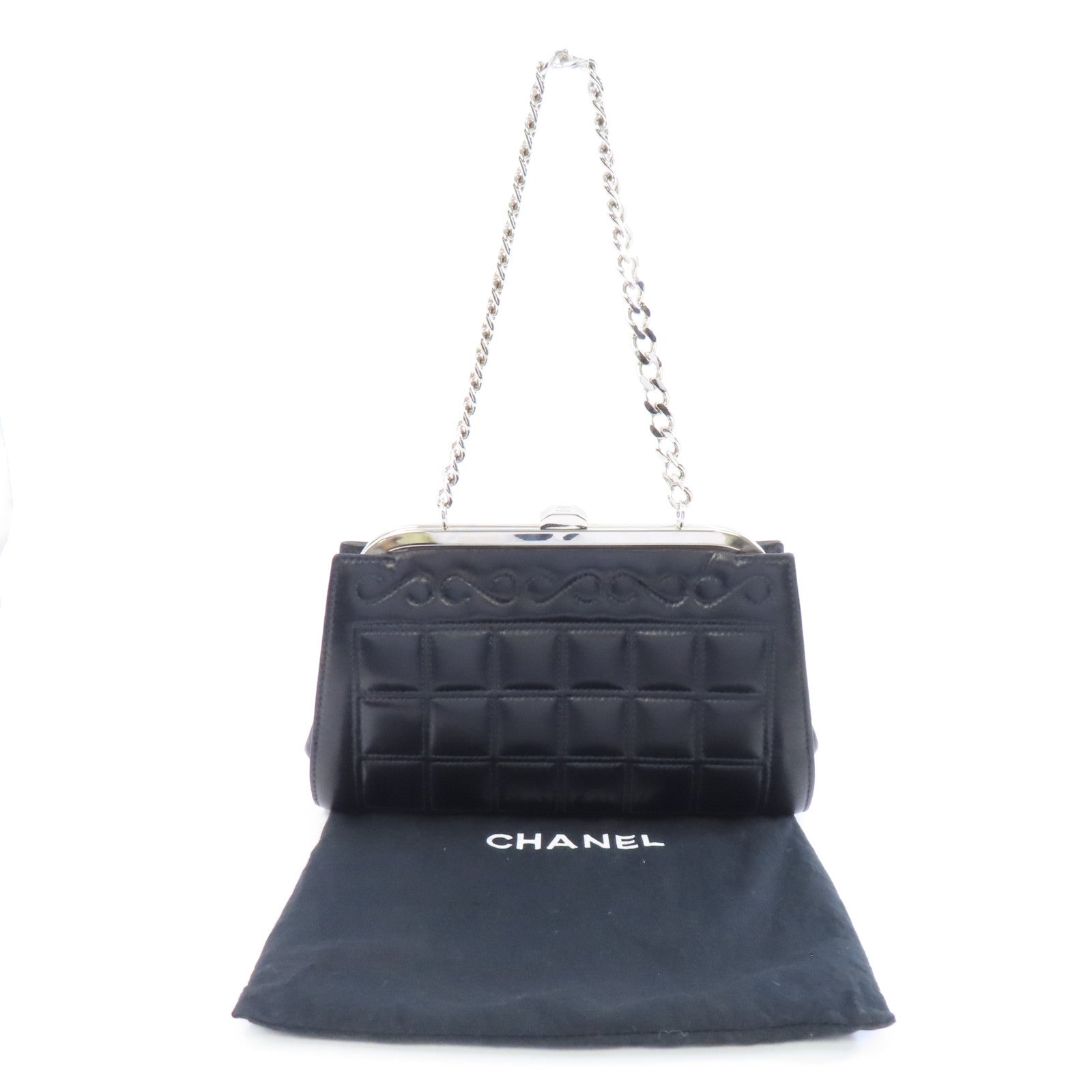 CHANEL 皮革Chain Handbag銀扣鏈帶手挽袋黑色