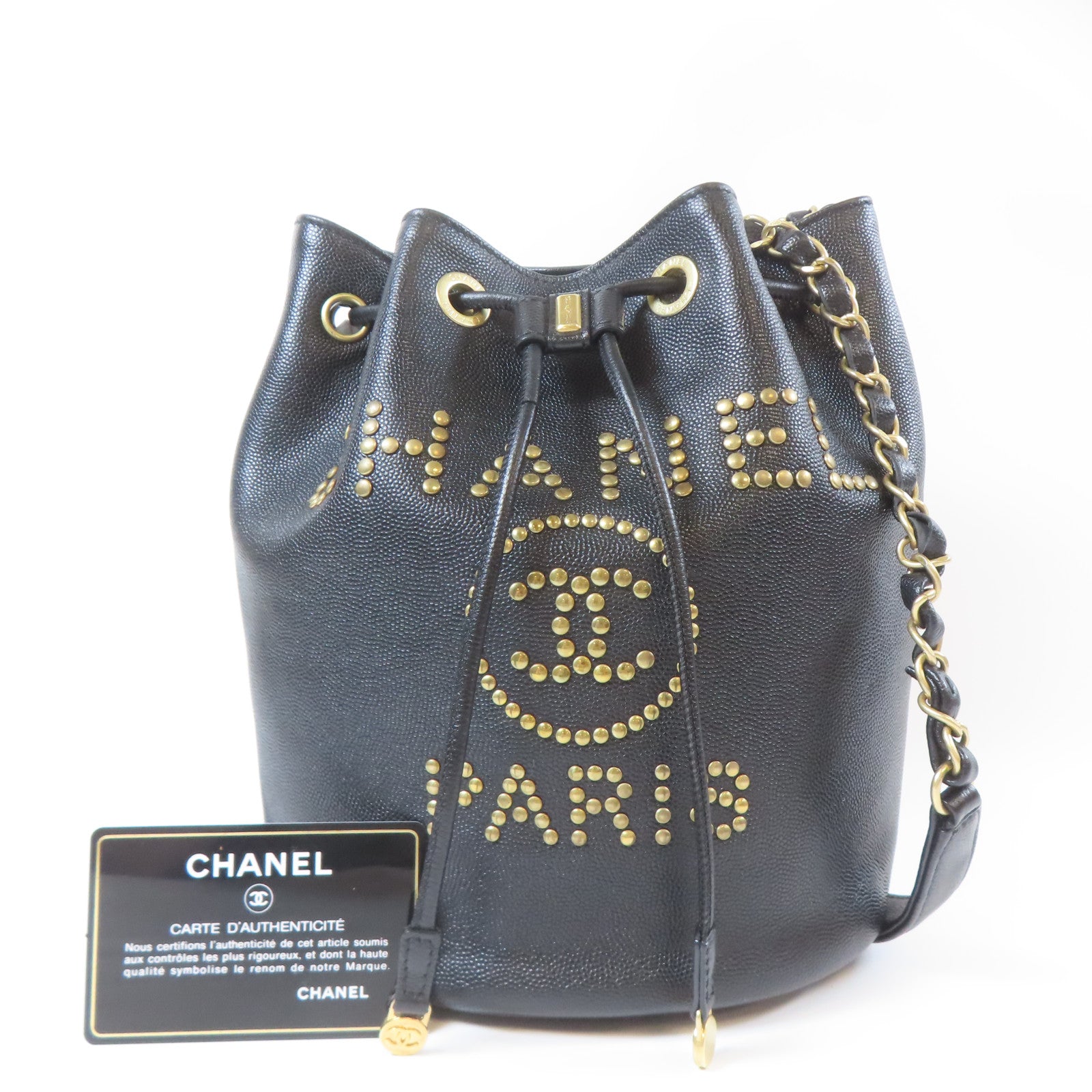 CHANEL Caviar皮革Deauville Drawstring Bucket金扣鏈帶肩背袋黑色