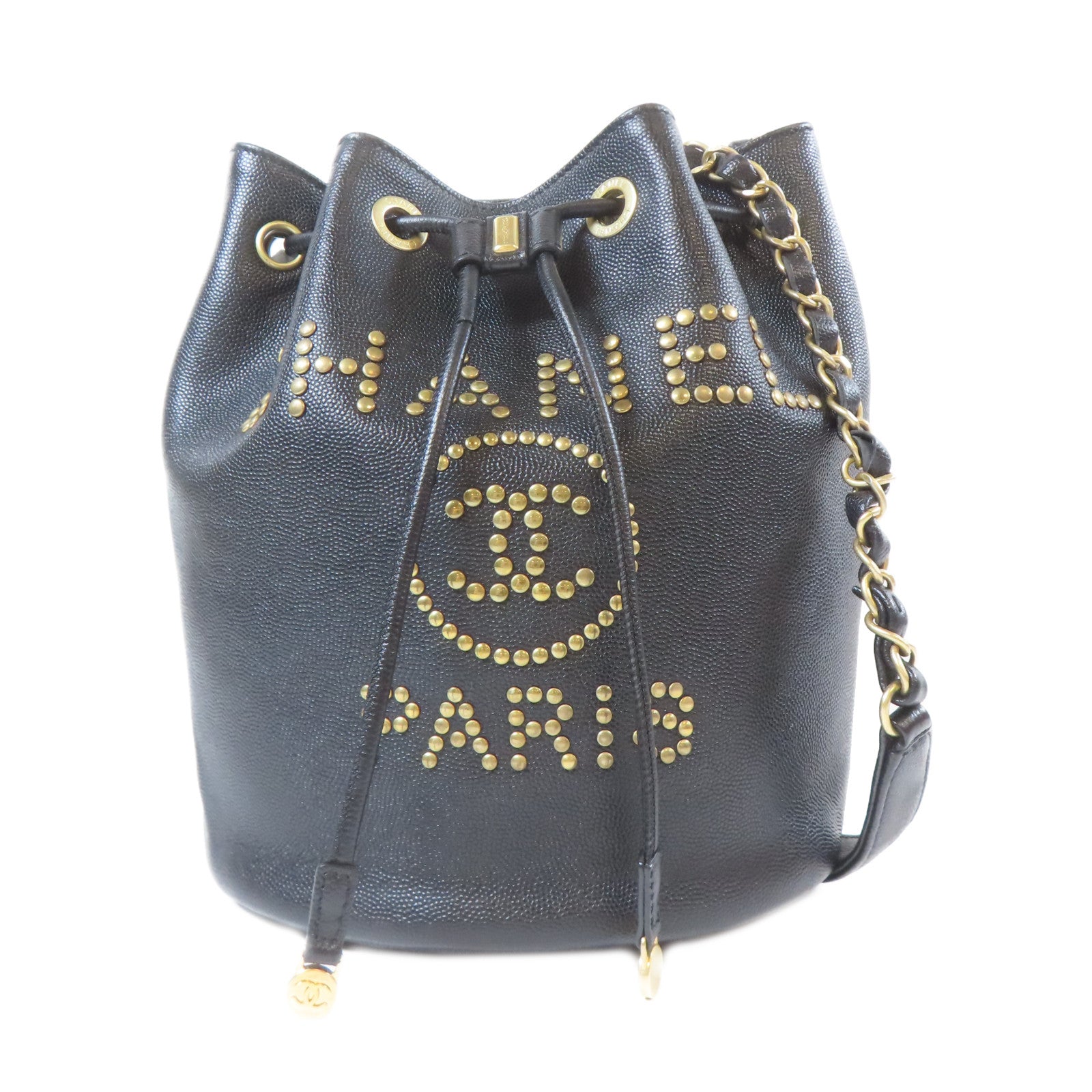 CHANEL Caviar皮革Deauville Drawstring Bucket金扣鏈帶肩背袋黑色