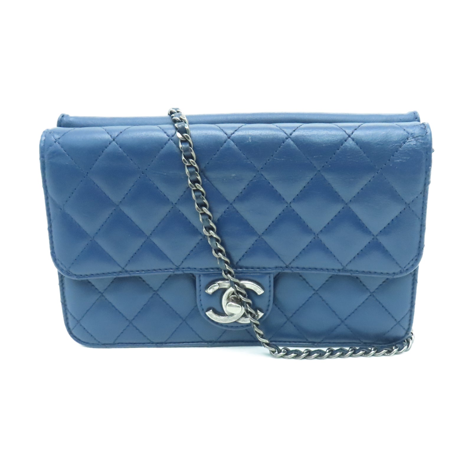 CHANEL 【清倉大減價】菱格羊皮皮革Chain Shoulder銀扣鏈帶肩背袋藍色