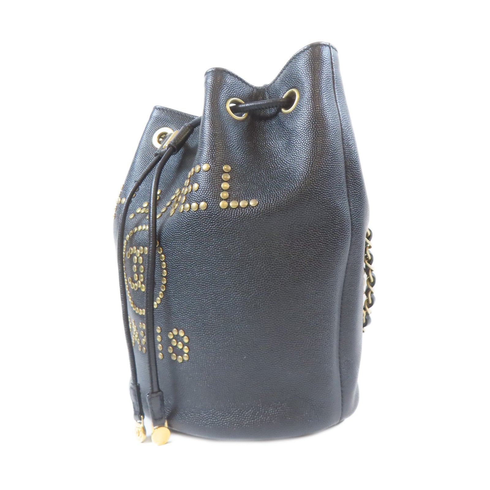 CHANEL Caviar皮革Deauville Drawstring Bucket金扣鏈帶肩背袋黑色
