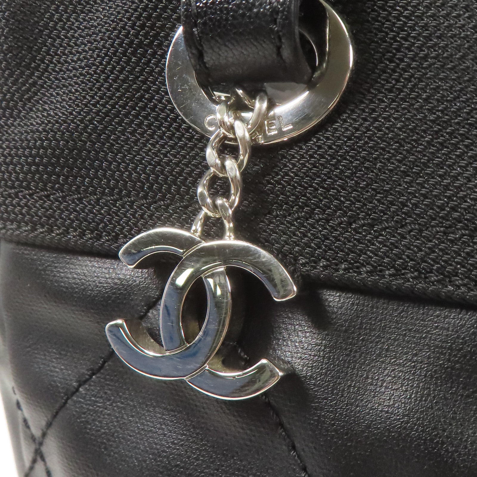 CHANEL 牛皮皮革/帆布Shoulder Bag銀扣肩背袋
