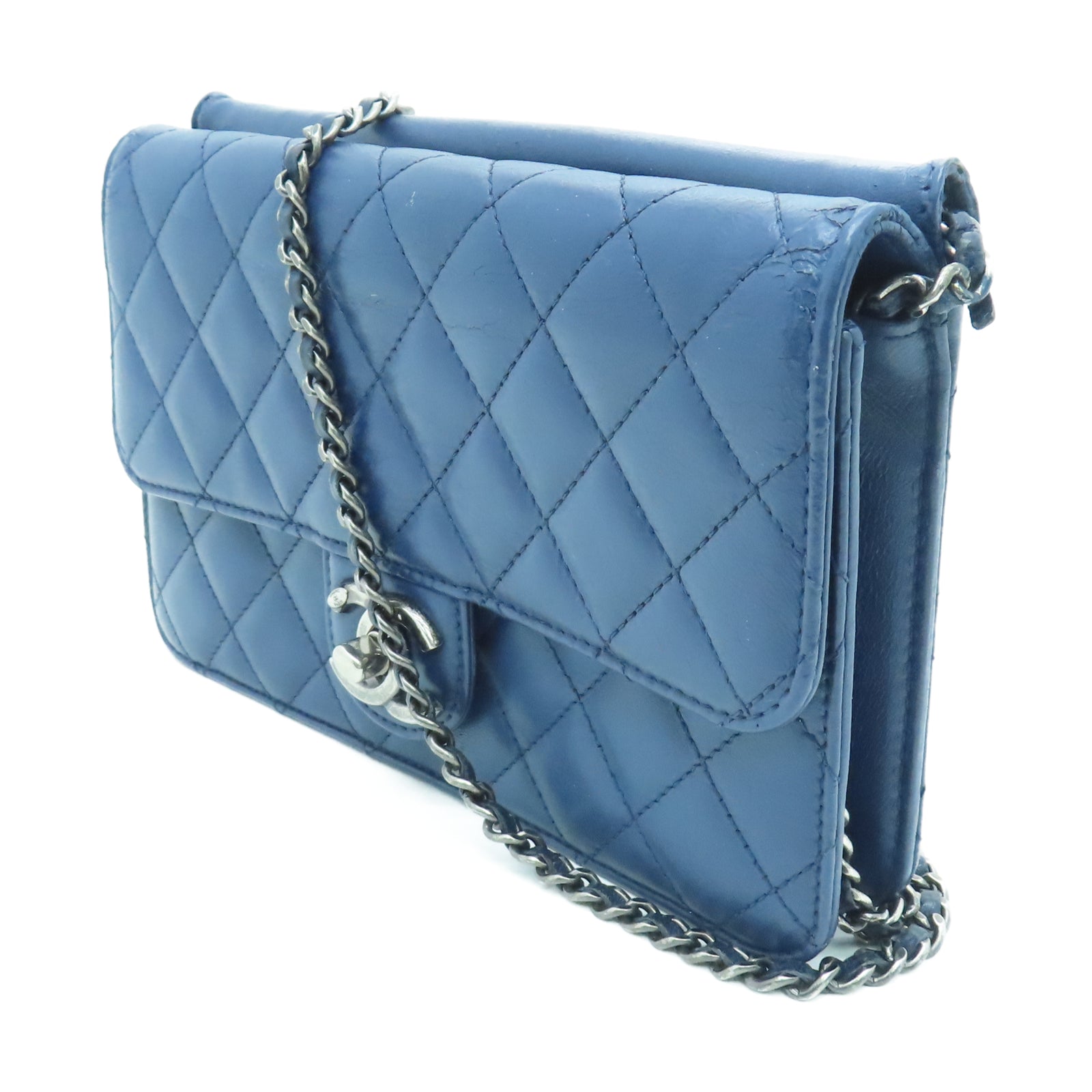 CHANEL 【清倉大減價】菱格羊皮皮革Chain Shoulder銀扣鏈帶肩背袋藍色