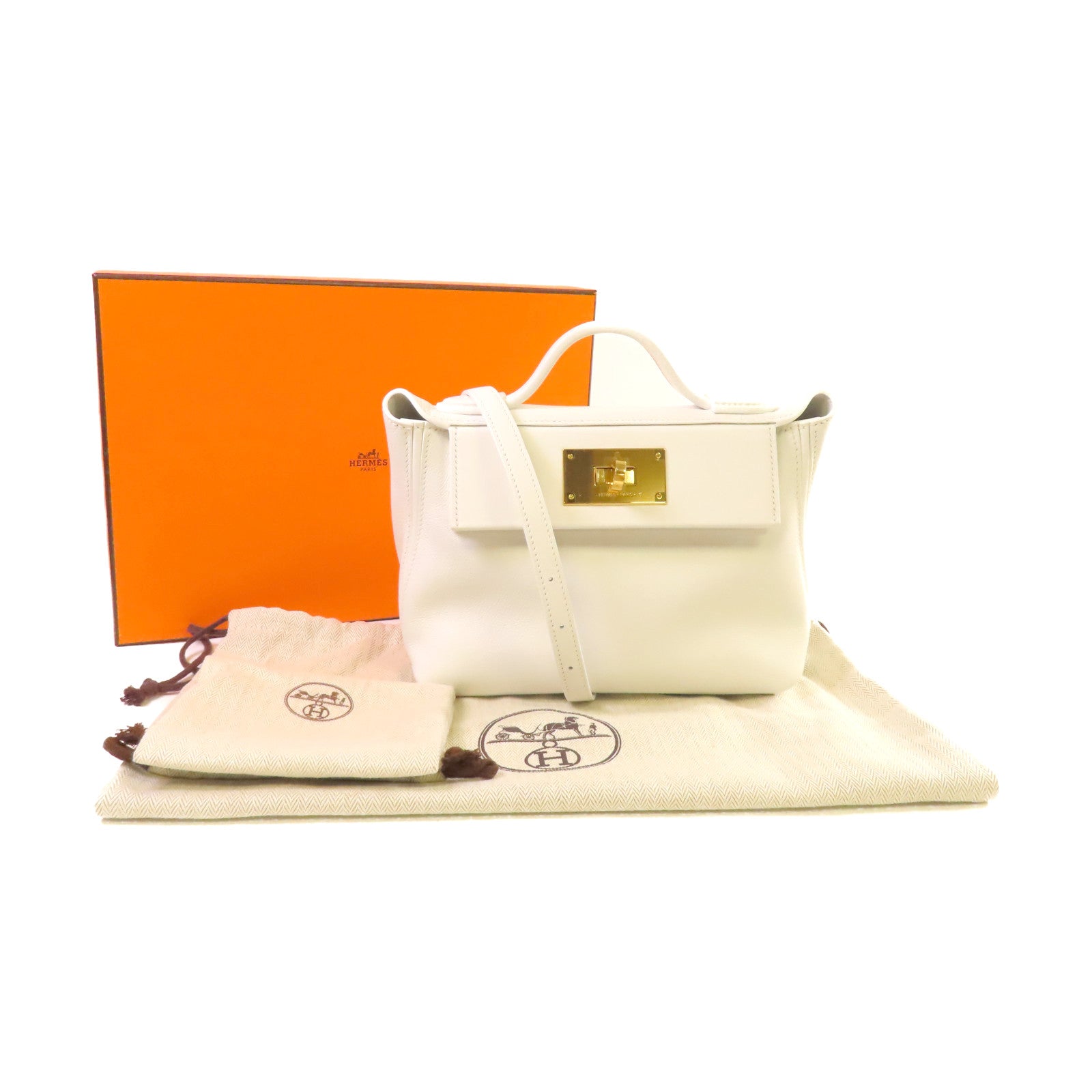HERMES Evercolor皮革Mini 24/24 2Way Shoulder Bag金扣手挽肩背兩用袋白色