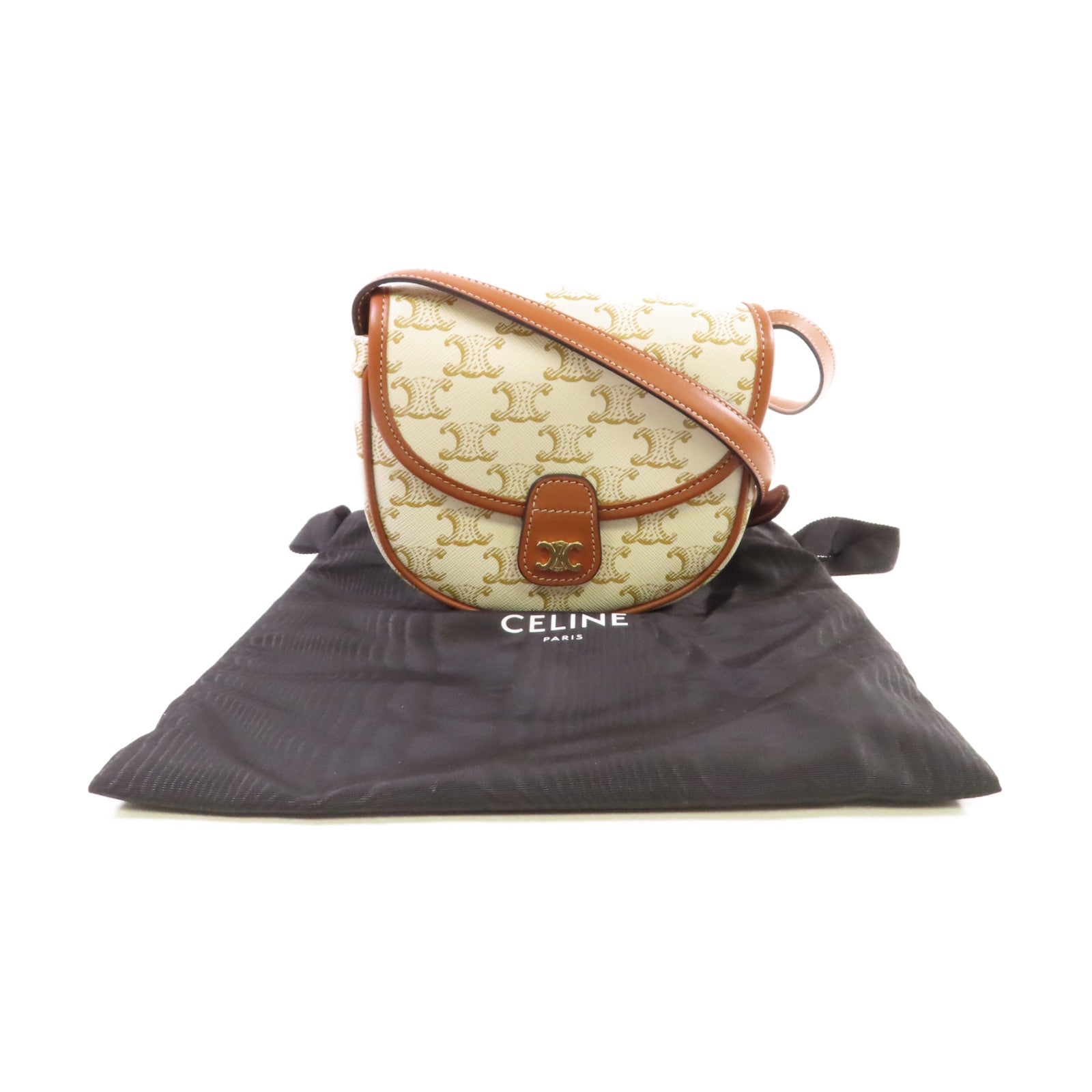 CELINE Triomphe帆布/牛皮皮革Mini Besace Shoulder Bag金扣肩背袋米白色
