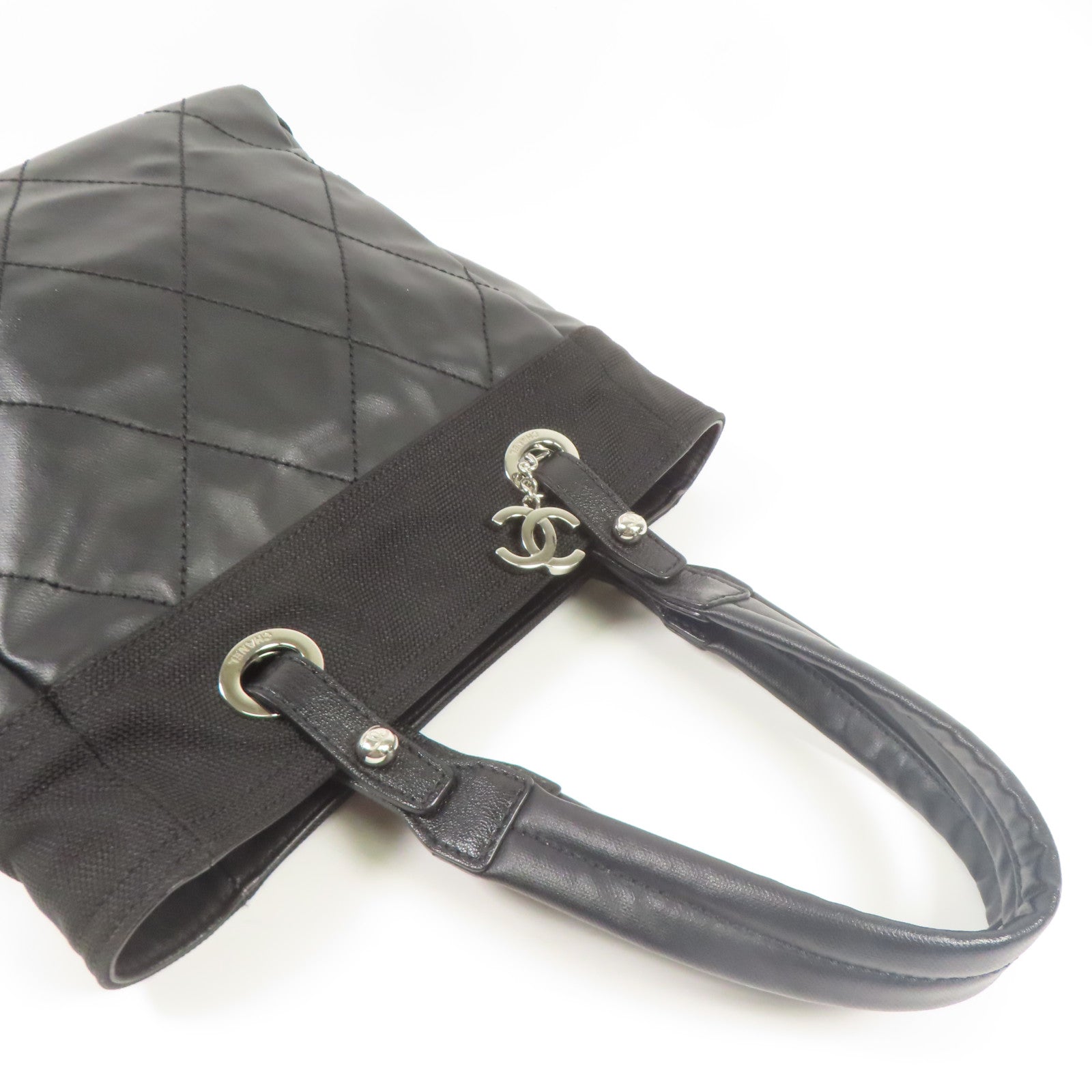 CHANEL 牛皮皮革/帆布Shoulder Bag銀扣肩背袋