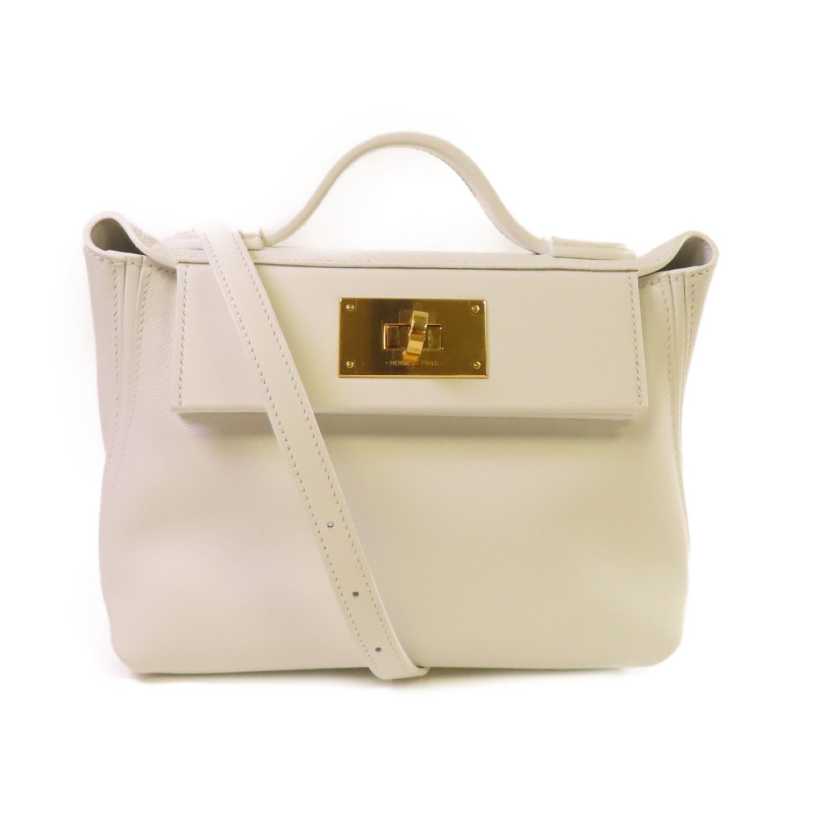 HERMES Evercolor皮革Mini 24/24 2Way Shoulder Bag金扣手挽肩背兩用袋白色