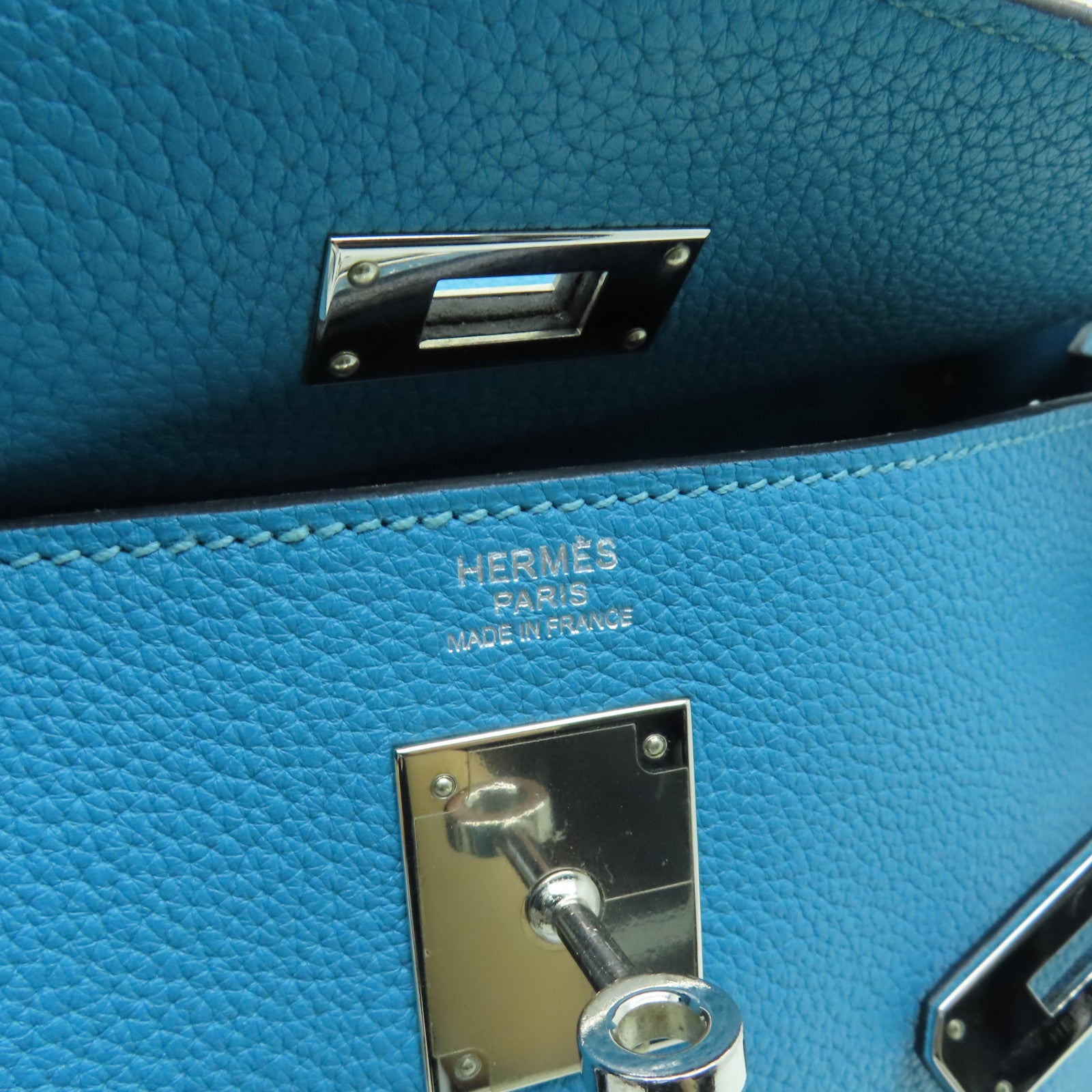 HERMES **【清倉大減價】Clemence皮革Kelly 32銀扣手挽肩背兩用袋綠松石色