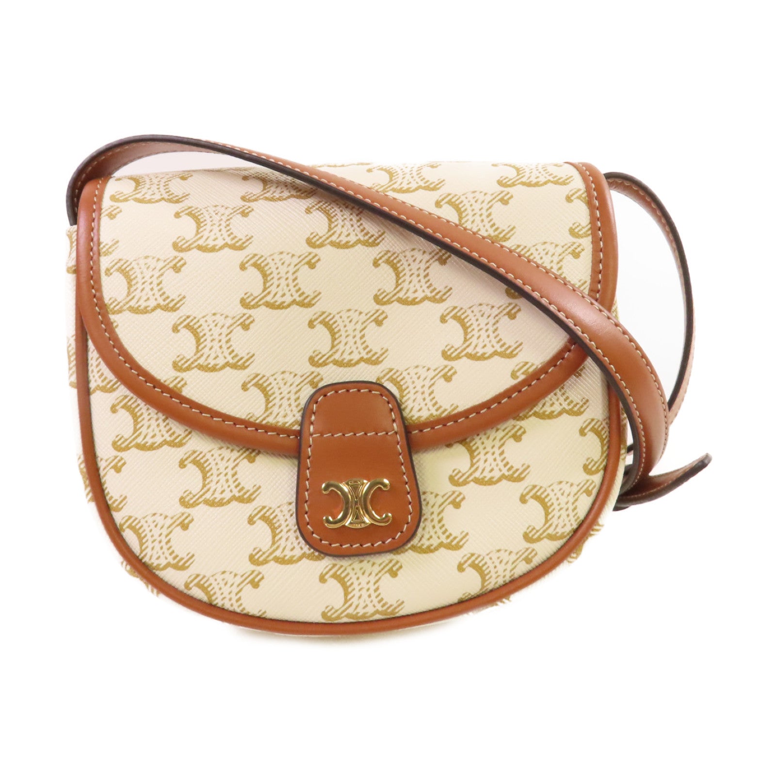 CELINE Triomphe帆布/牛皮皮革Mini Besace Shoulder Bag金扣肩背袋米白色