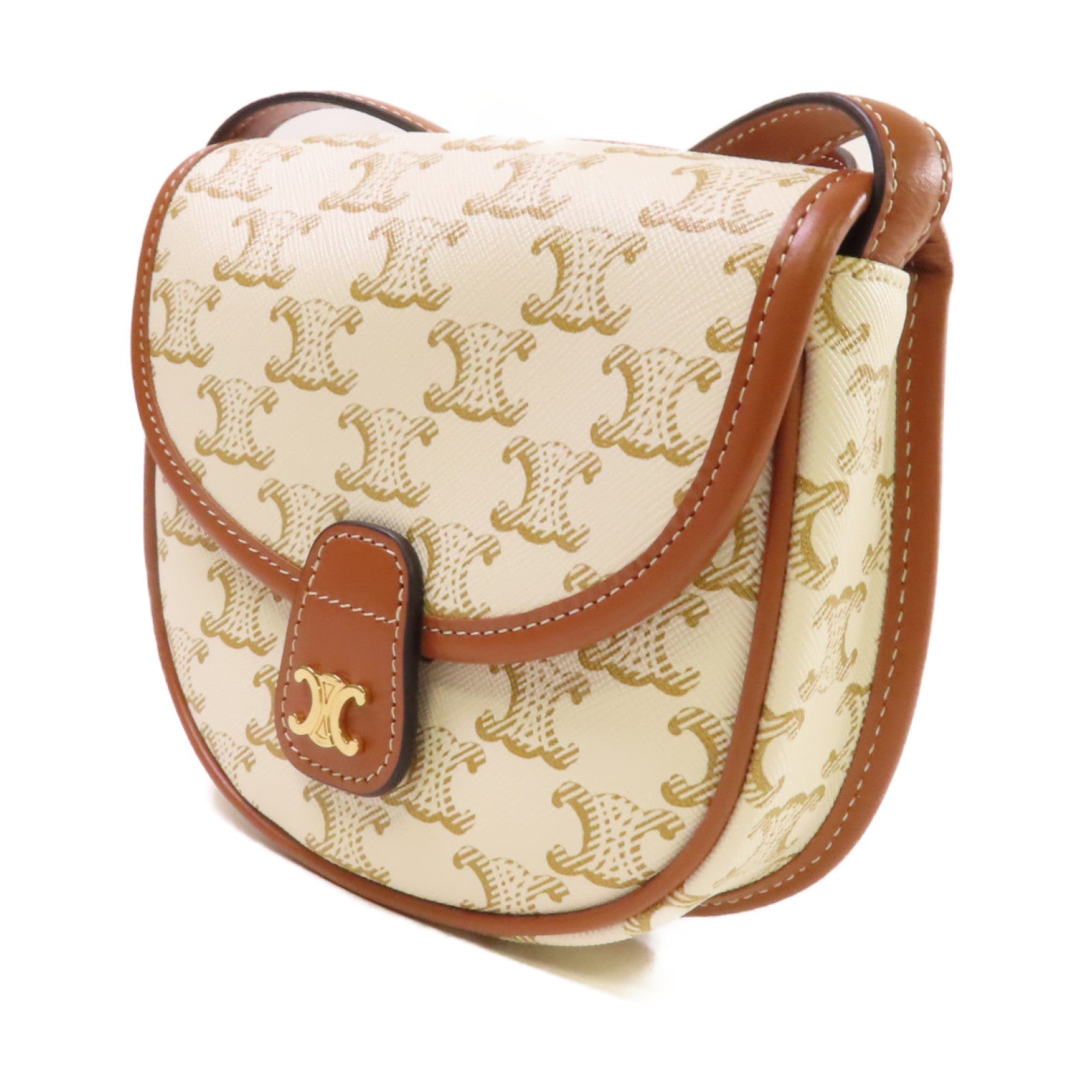 CELINE Triomphe帆布/牛皮皮革Mini Besace Shoulder Bag金扣肩背袋米白色