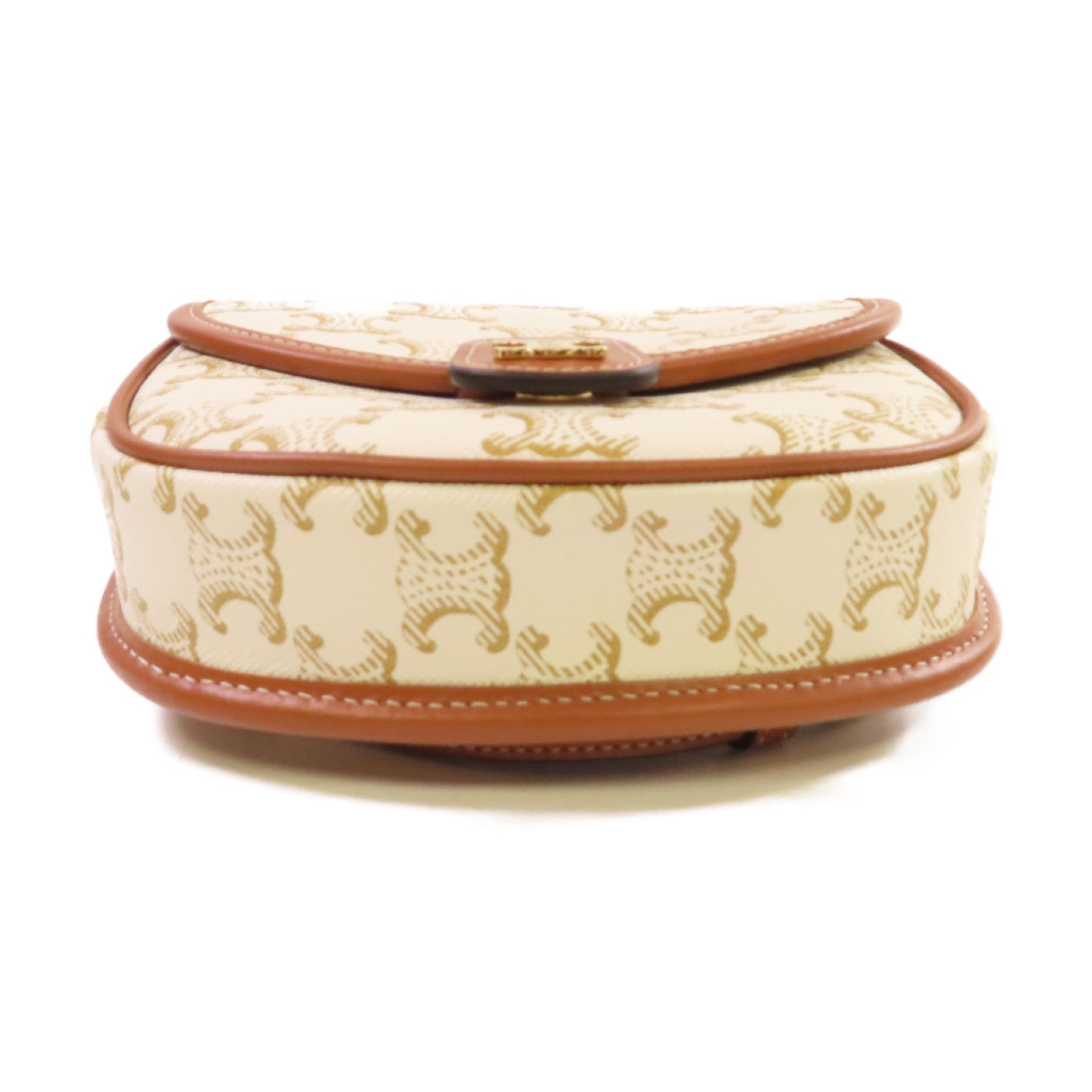 CELINE Triomphe帆布/牛皮皮革Mini Besace Shoulder Bag金扣肩背袋米白色