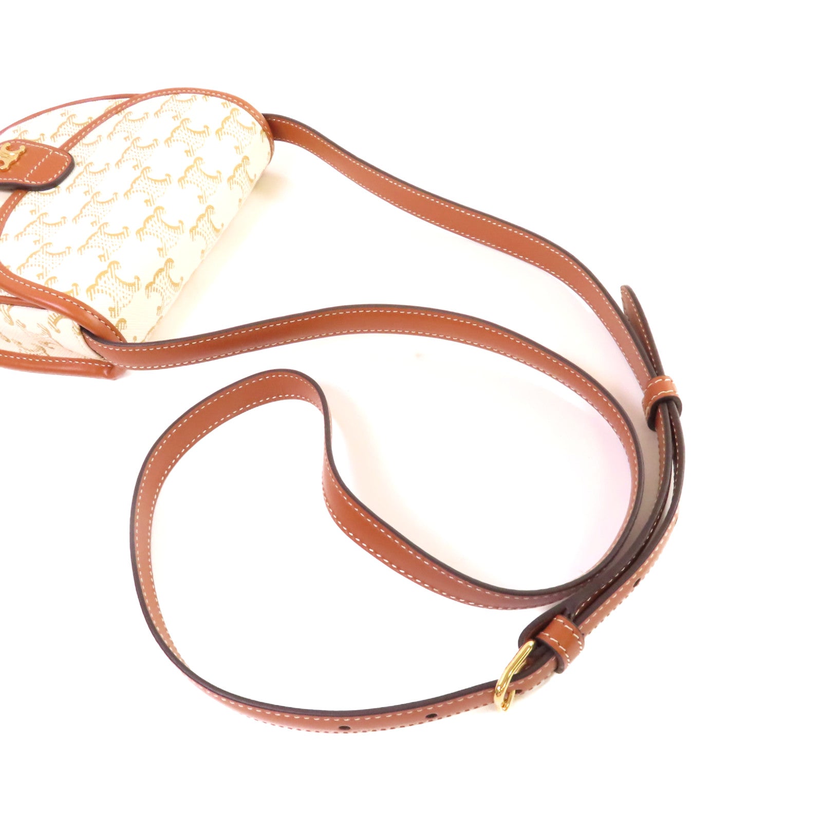 CELINE Triomphe帆布/牛皮皮革Mini Besace Shoulder Bag金扣肩背袋米白色