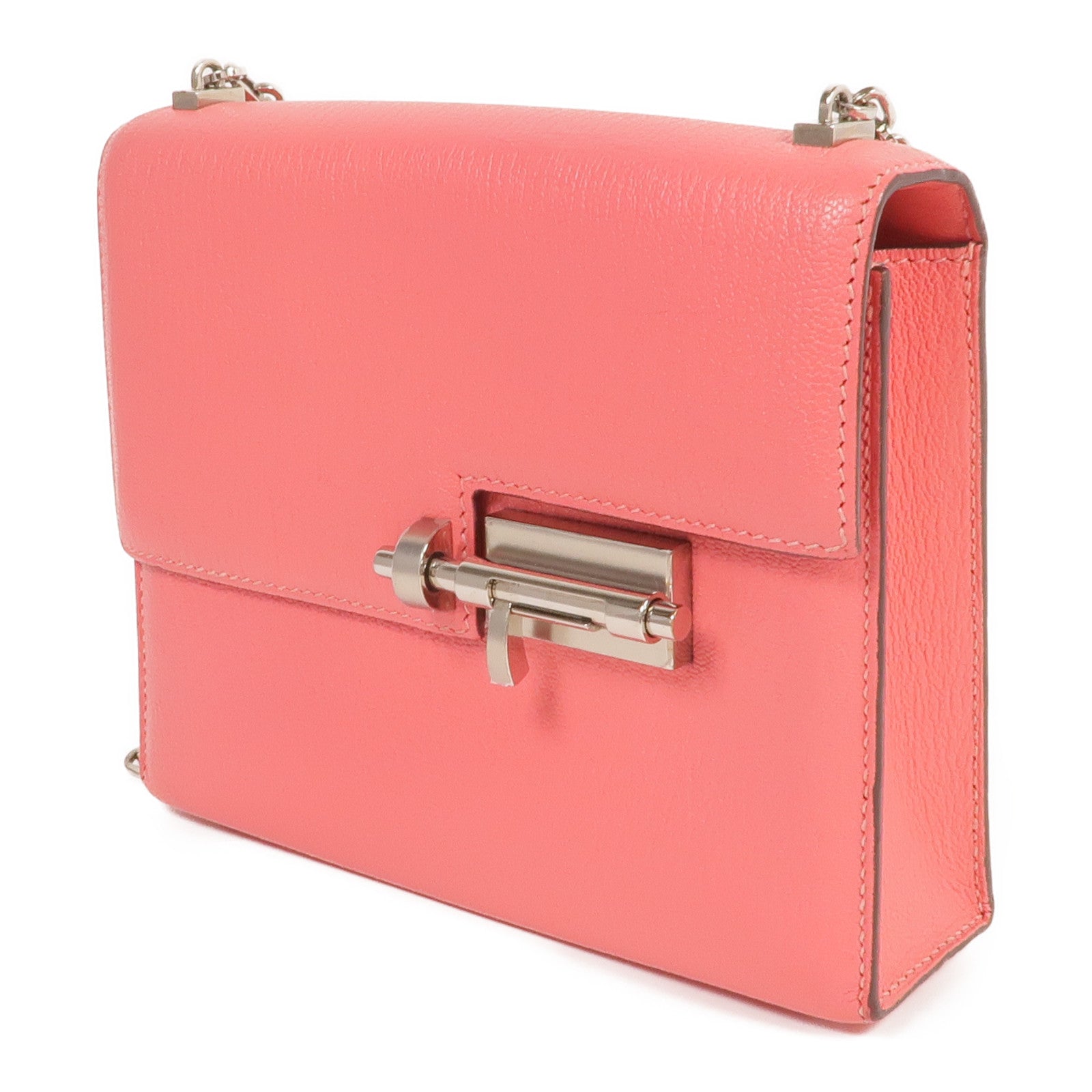 HERMES Chevre皮革Verrou Mini銀扣鏈帶肩背袋Rose Lipstick