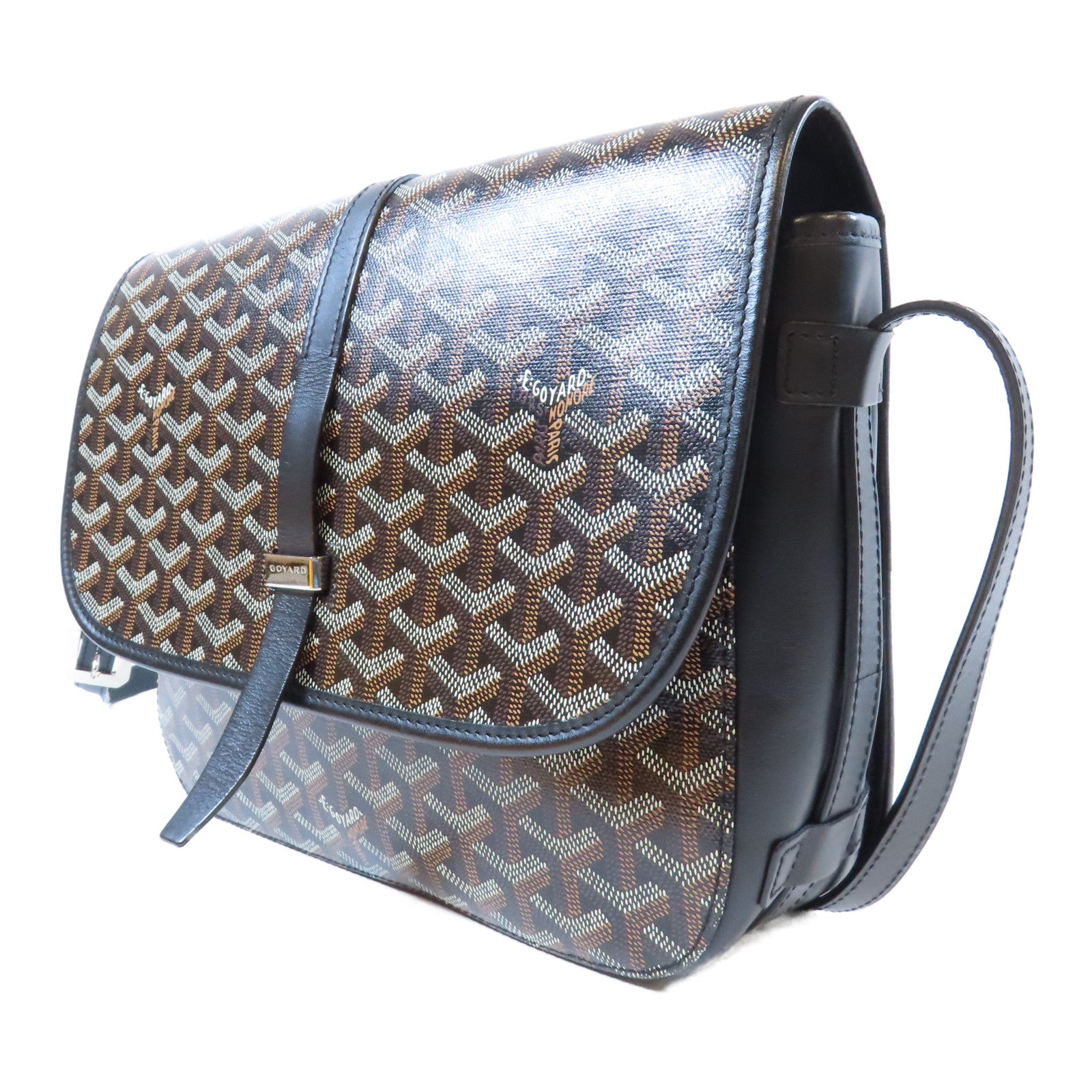 GOYARD 塗層帆布/皮革Belevedere MM銀扣肩背袋黑色/啡色