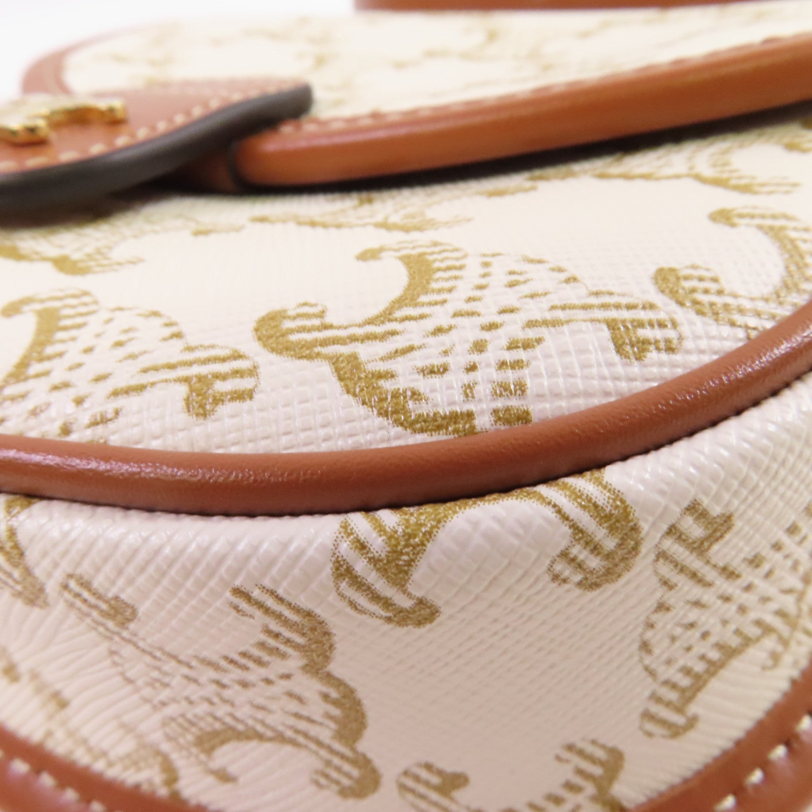 CELINE Triomphe帆布/牛皮皮革Mini Besace Shoulder Bag金扣肩背袋米白色