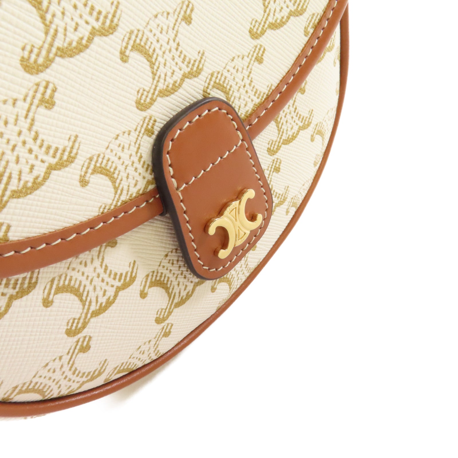 CELINE Triomphe帆布/牛皮皮革Mini Besace Shoulder Bag金扣肩背袋米白色