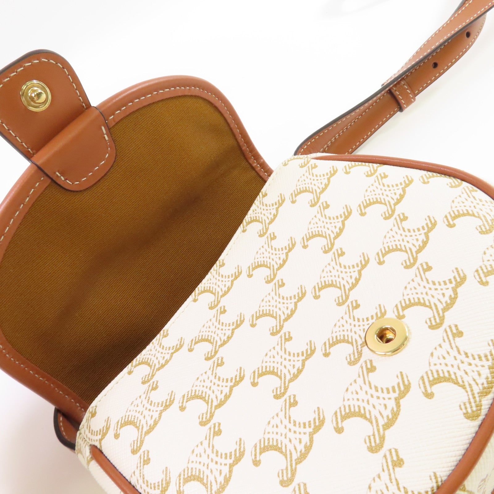 CELINE Triomphe帆布/牛皮皮革Mini Besace Shoulder Bag金扣肩背袋米白色