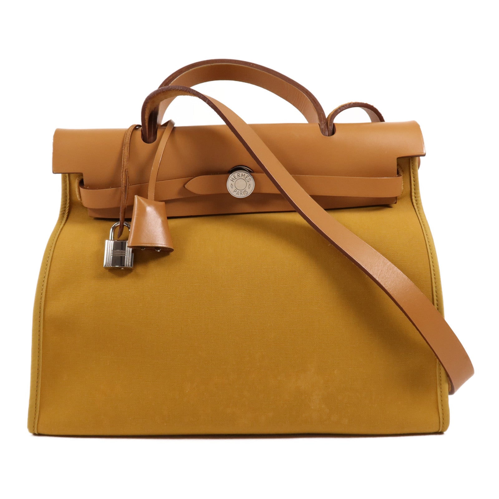 HERMES 帆布/皮革Herbag PM銀扣手挽肩背兩用袋Jaune Ambre