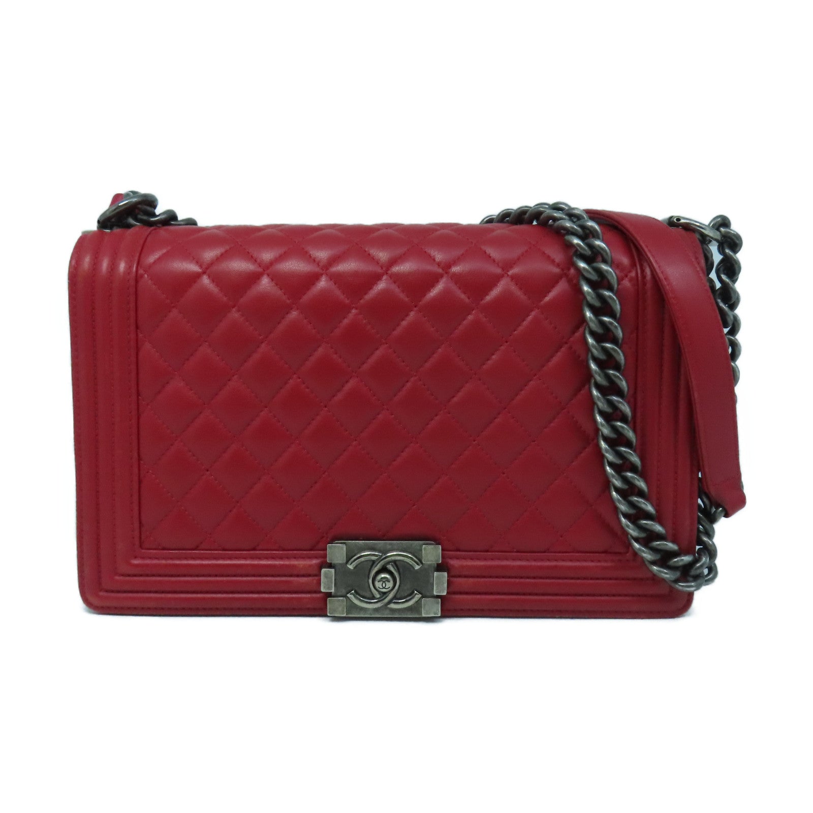 CHANEL Diamond Sheepskin Leather Boy Chanel 28cm Silver Buckle Chain Shoulder Bag Red