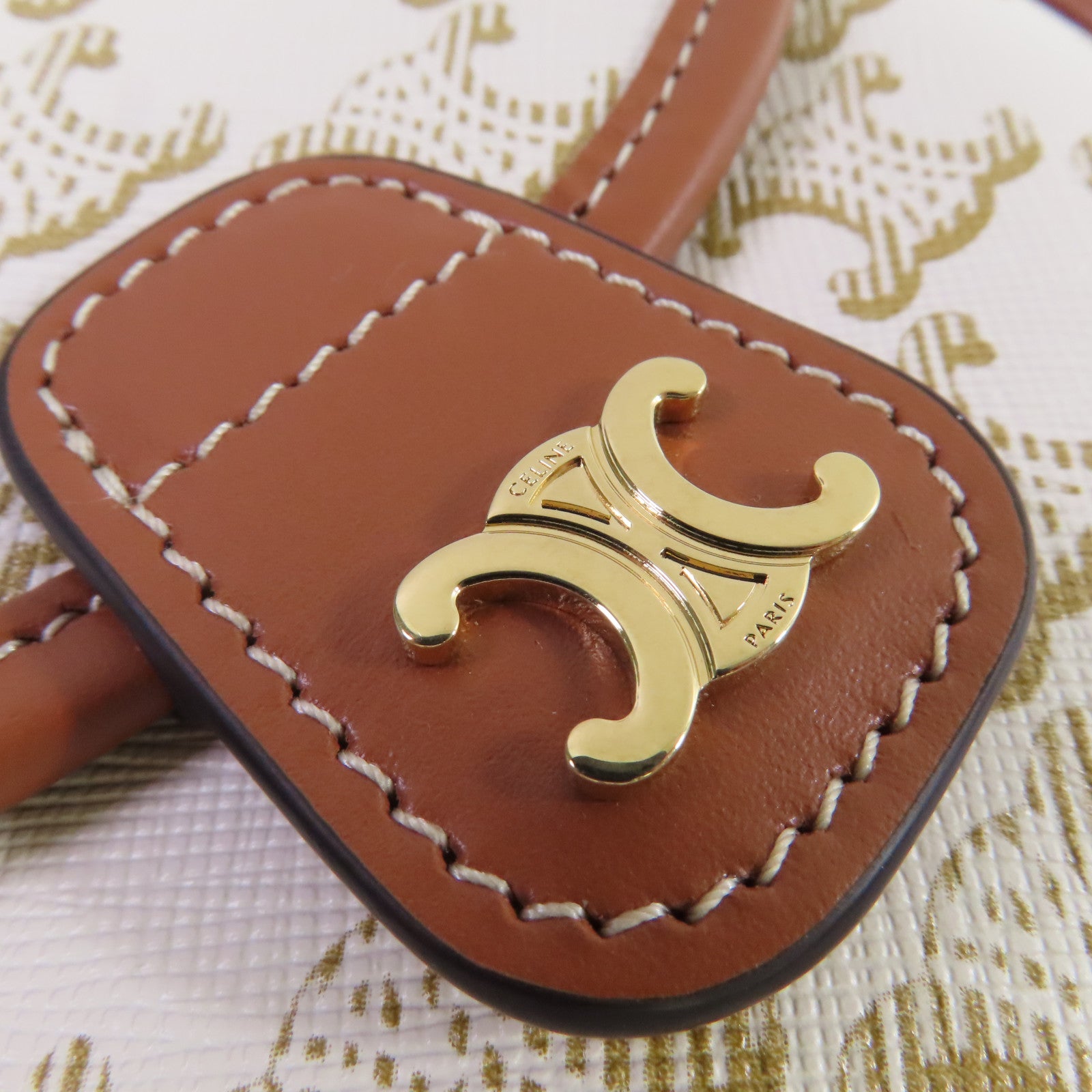 CELINE Triomphe帆布/牛皮皮革Mini Besace Shoulder Bag金扣肩背袋米白色