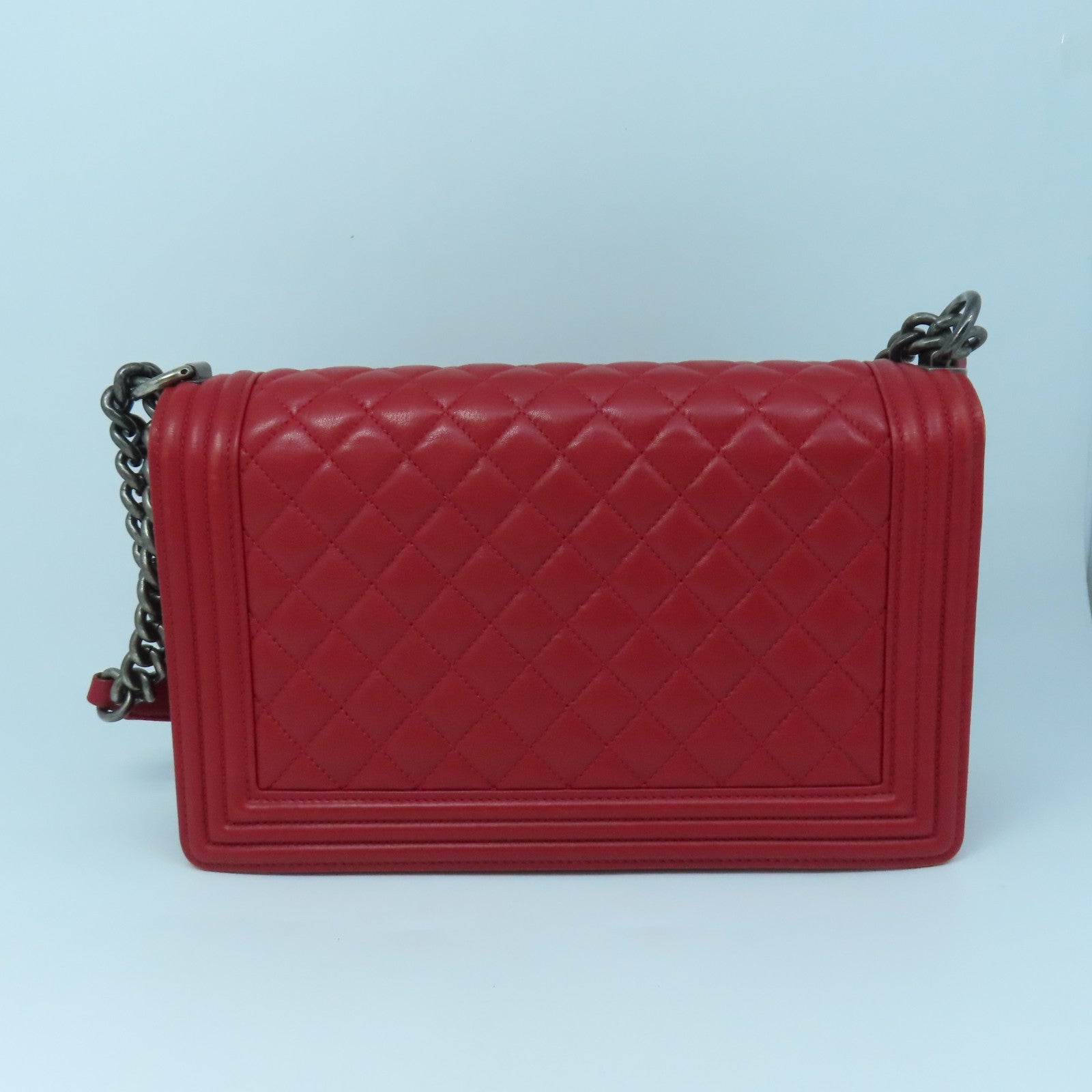 CHANEL Diamond Sheepskin Leather Boy Chanel 28cm Silver Buckle Chain Shoulder Bag Red