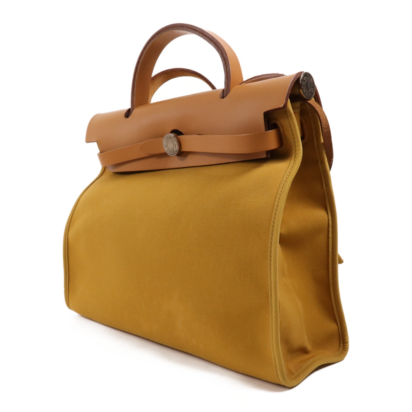 HERMES 帆布/皮革Herbag PM銀扣手挽肩背兩用袋Jaune Ambre