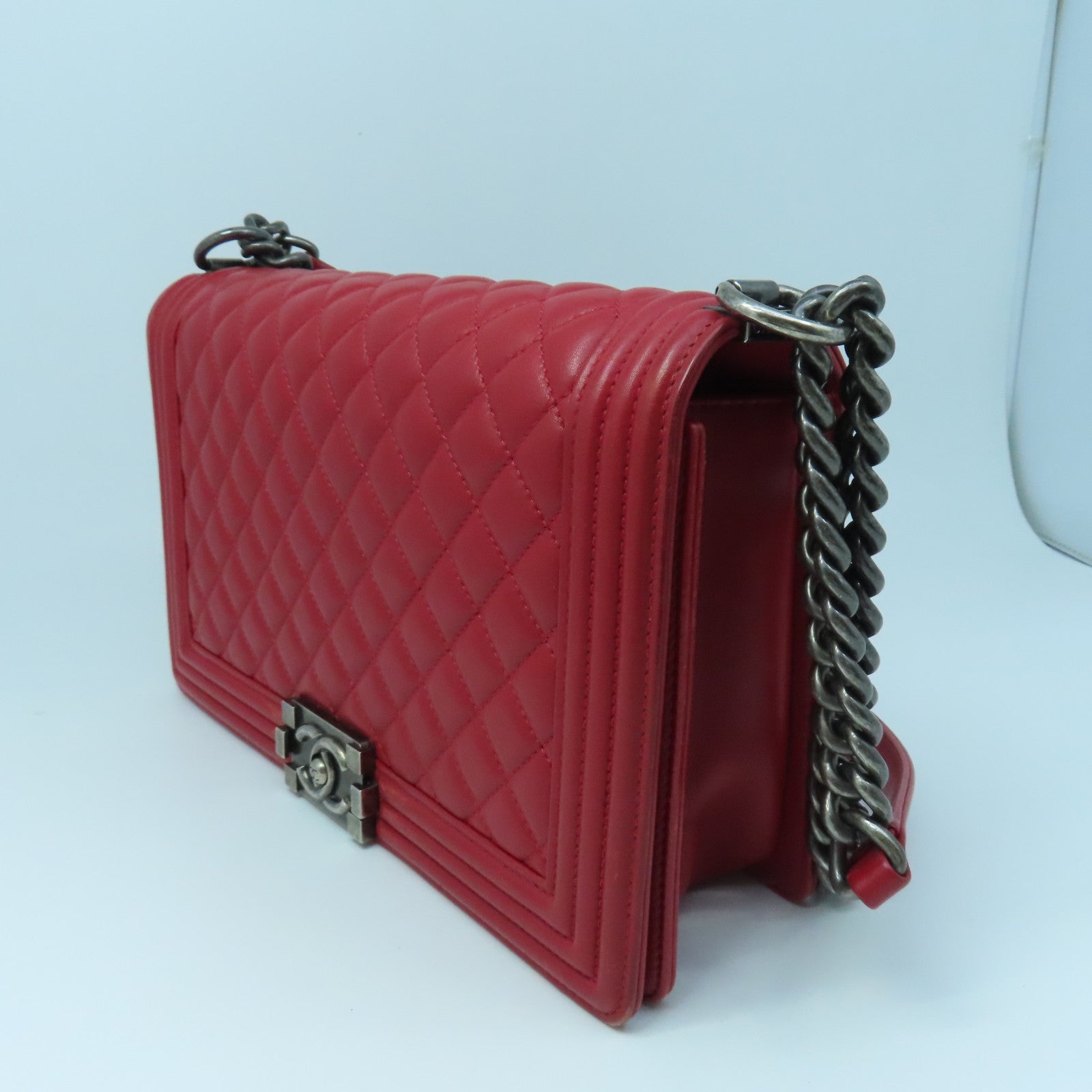 CHANEL Diamond Sheepskin Leather Boy Chanel 28cm Silver Buckle Chain Shoulder Bag Red