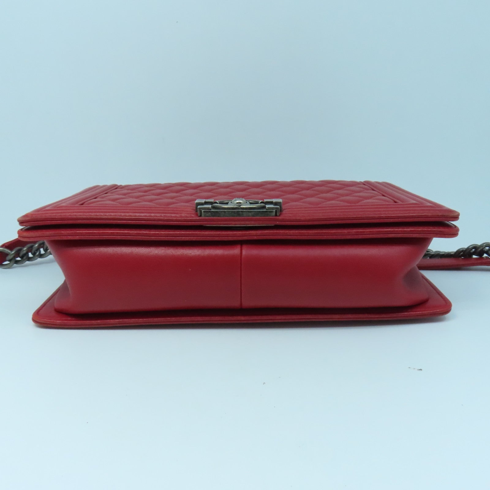 CHANEL Diamond Sheepskin Leather Boy Chanel 28cm Silver Buckle Chain Shoulder Bag Red