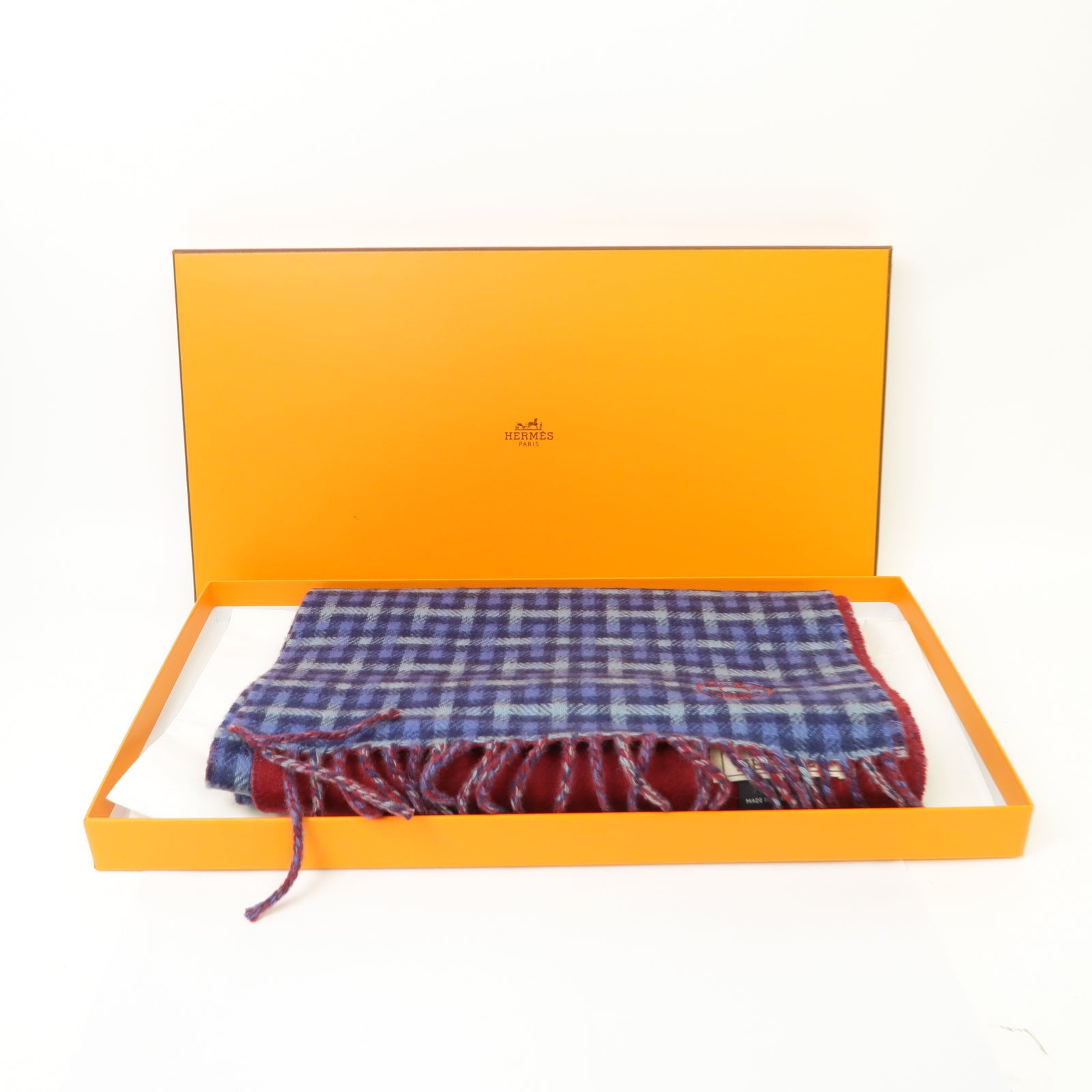 HERMES 【激減優惠】羊絨Muffler圍巾藍色/紅色